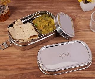 100% Pure Stainless Steel Lunch Box - Leak Proof Tiffin with Partition | Rectangular Steel Lid Food Container for Office Use, School Kids & Women | Durable Lightweight Daily Metal Lunch Box