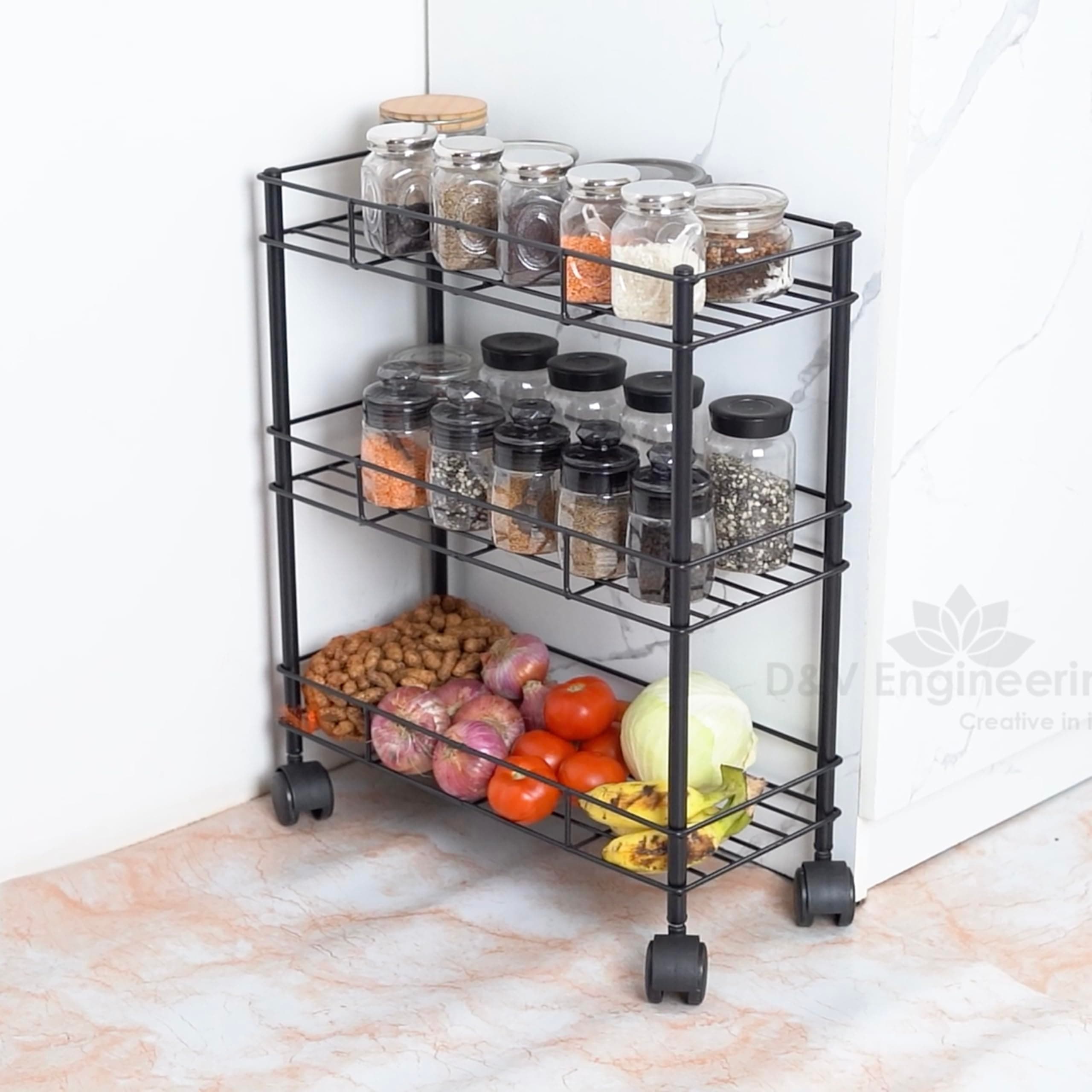 D&V Engineering 3-Tier Kitchen Rack Organizer, Kitchen Trolley, Rolling Cart with Wheels for kitchen to storage vegetables,spice jars, small kitchenware - Black