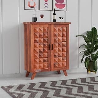 DRIFTINGWOOD Solid Wood Bar Cabinet Wine Storage Rack with Drawer & Glass Holder, Sheesham Wood for Home and Bar Furniture Color - Honey