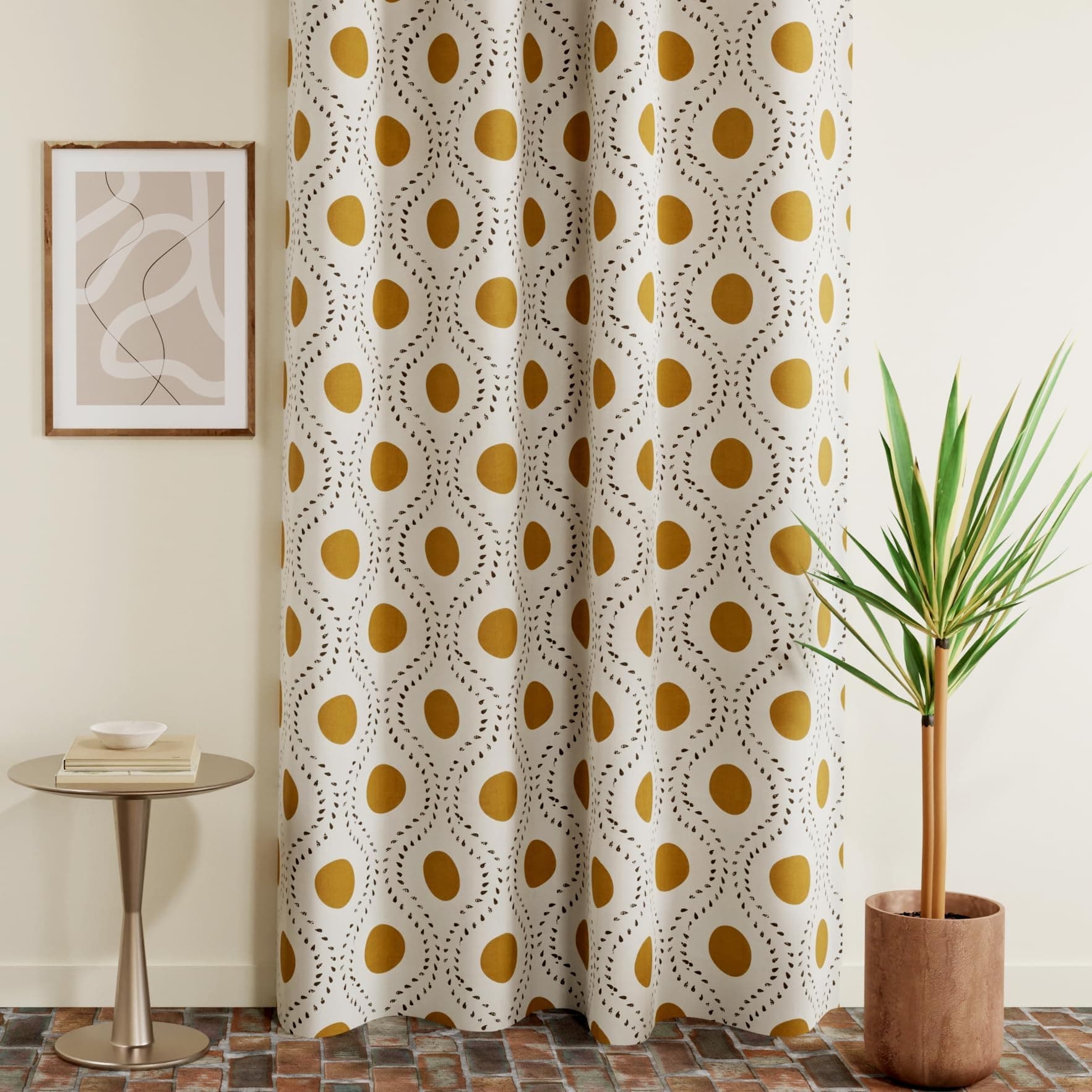 HUESLAND Cotton Curtains for Door, 8 feet Long 1 Bohemian Eyelet Curtain (Long Door 8 x 4 ft, Natural, Golden Ochre & Bistre)