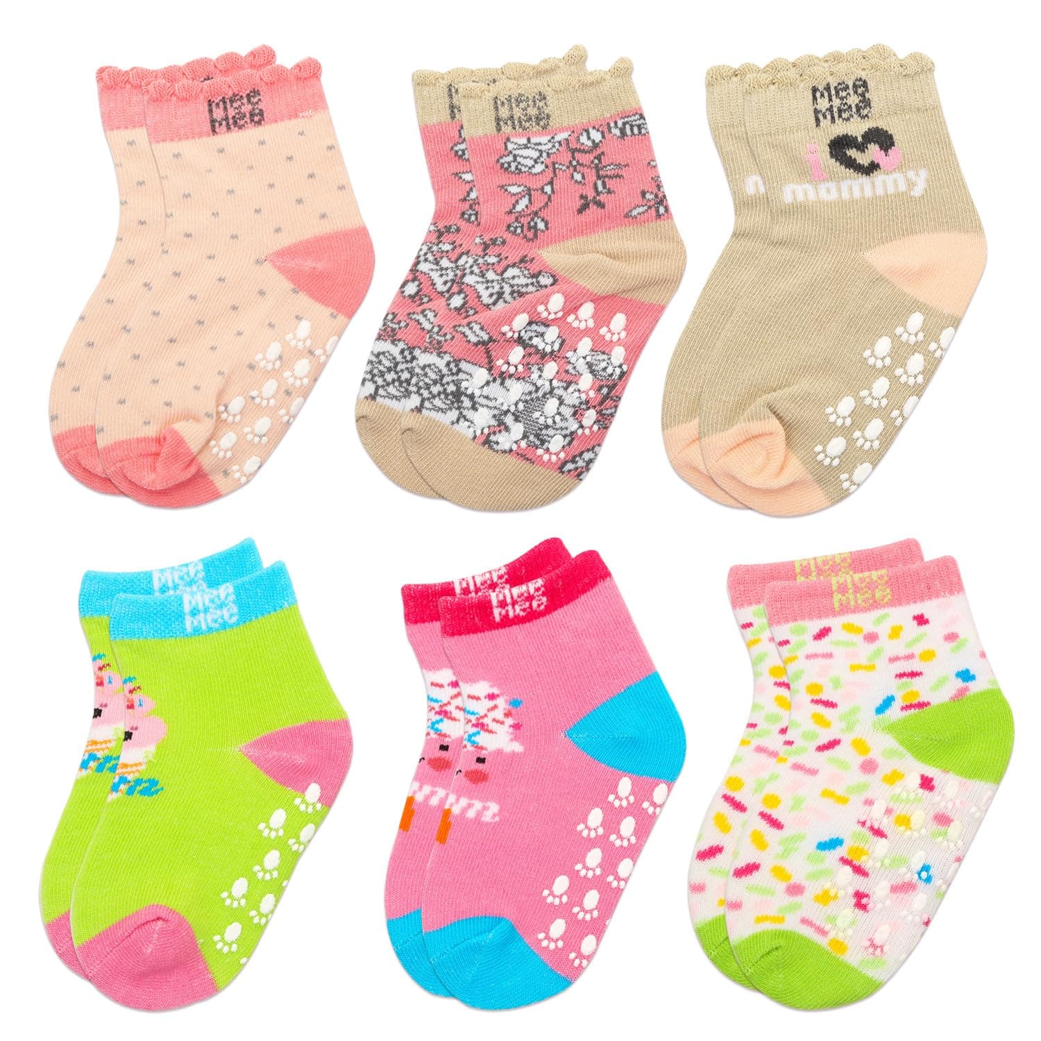 Mee Mee Anti-Skid Non-Slip Socks | Pack of 6 Assorted Prints | Soft Cotton Infant & Toddler Socks with Stretchable Cuffs, Breathable & Hypoallergenic Fabric | Fade-Resistant for Boys & Girls