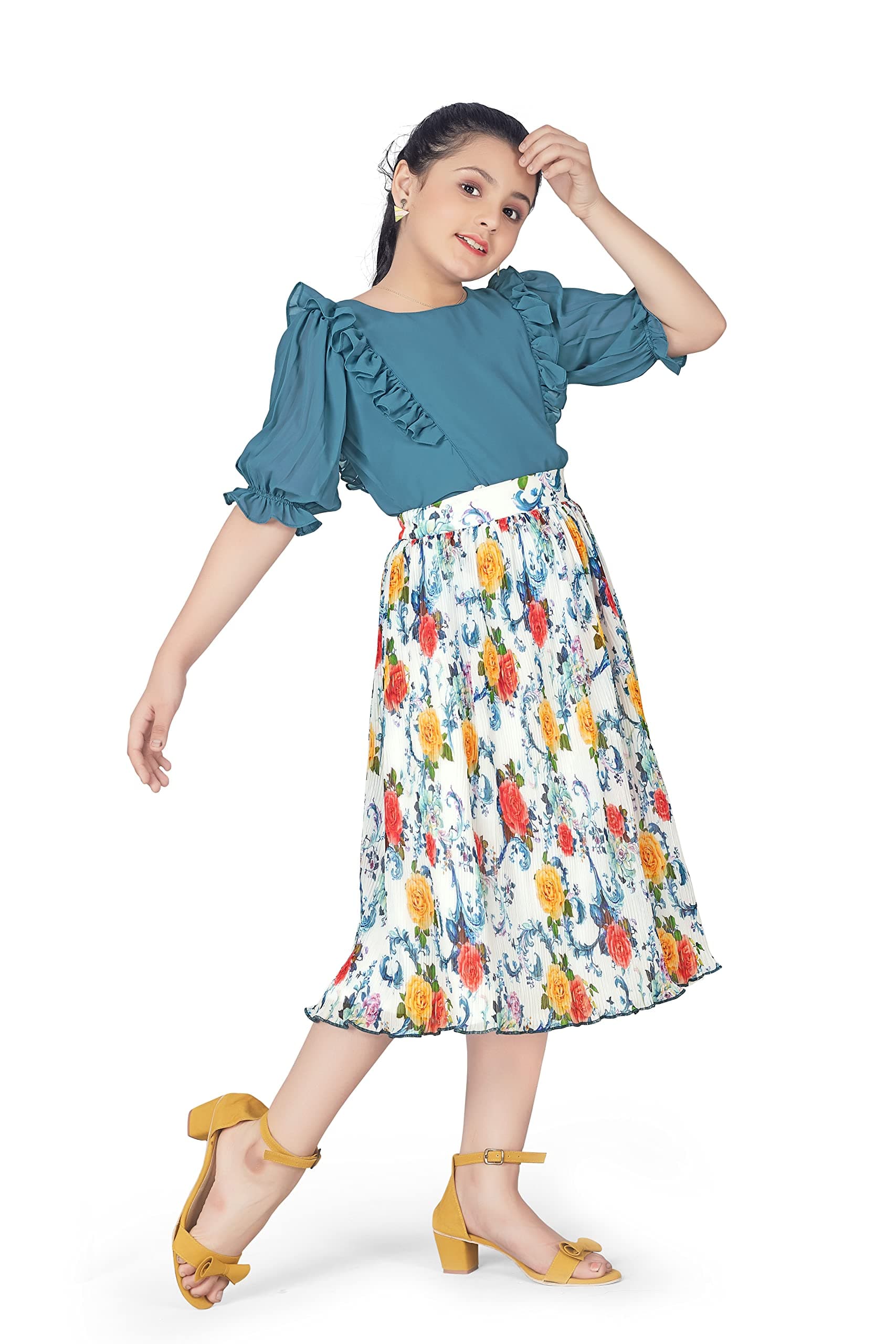 Jwalin Girl’s Off White Lycra Top with Accordion Pleated Georgette Skirt Clothing Set