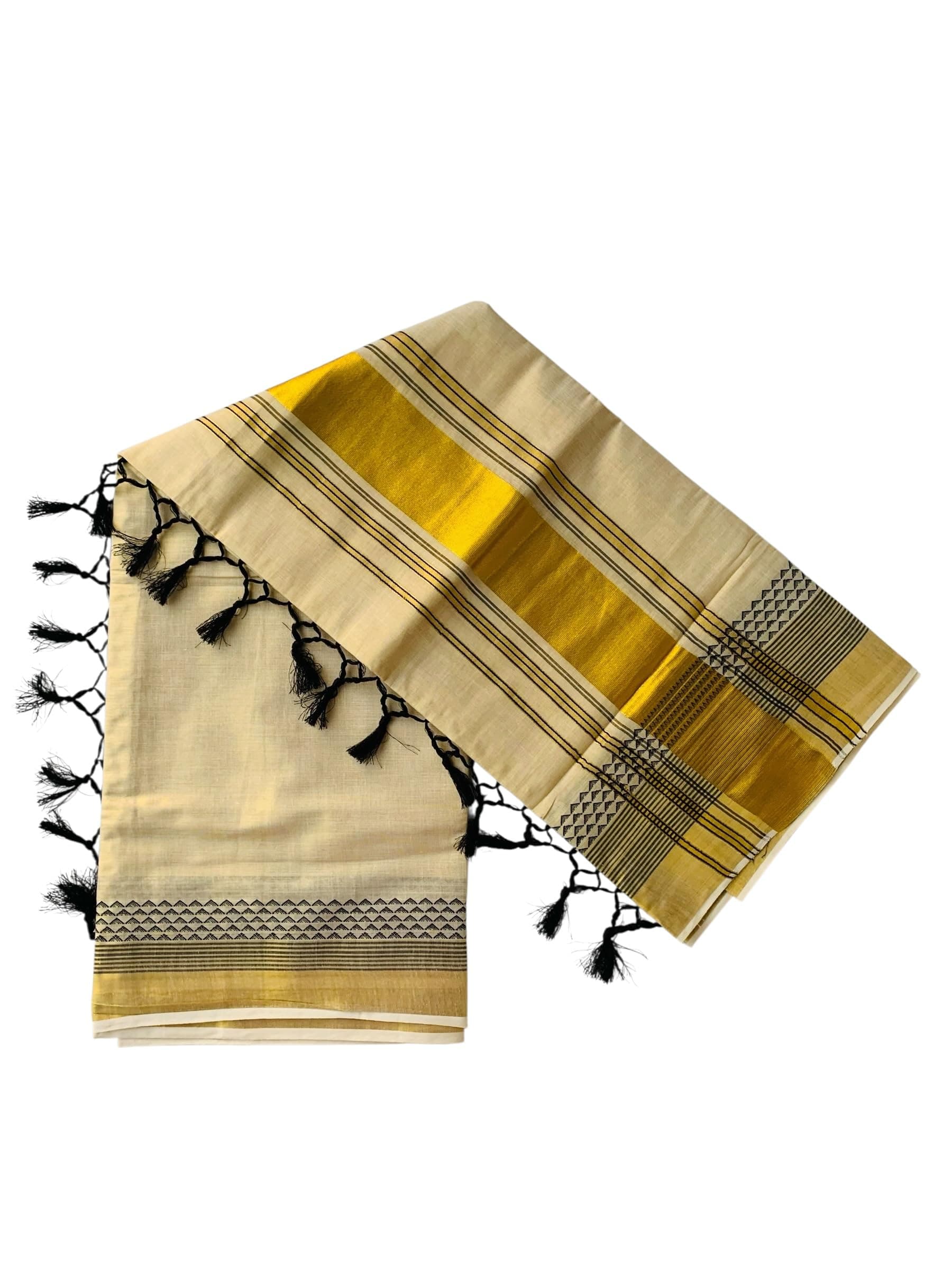 ALLUVY Kuthampully Kerala Kasavu Saree Tissue | Traditional South Indian Saree | Onam Saree | Kerala Saree | Stripe Kasavu Saree - Multi Color KTM-550