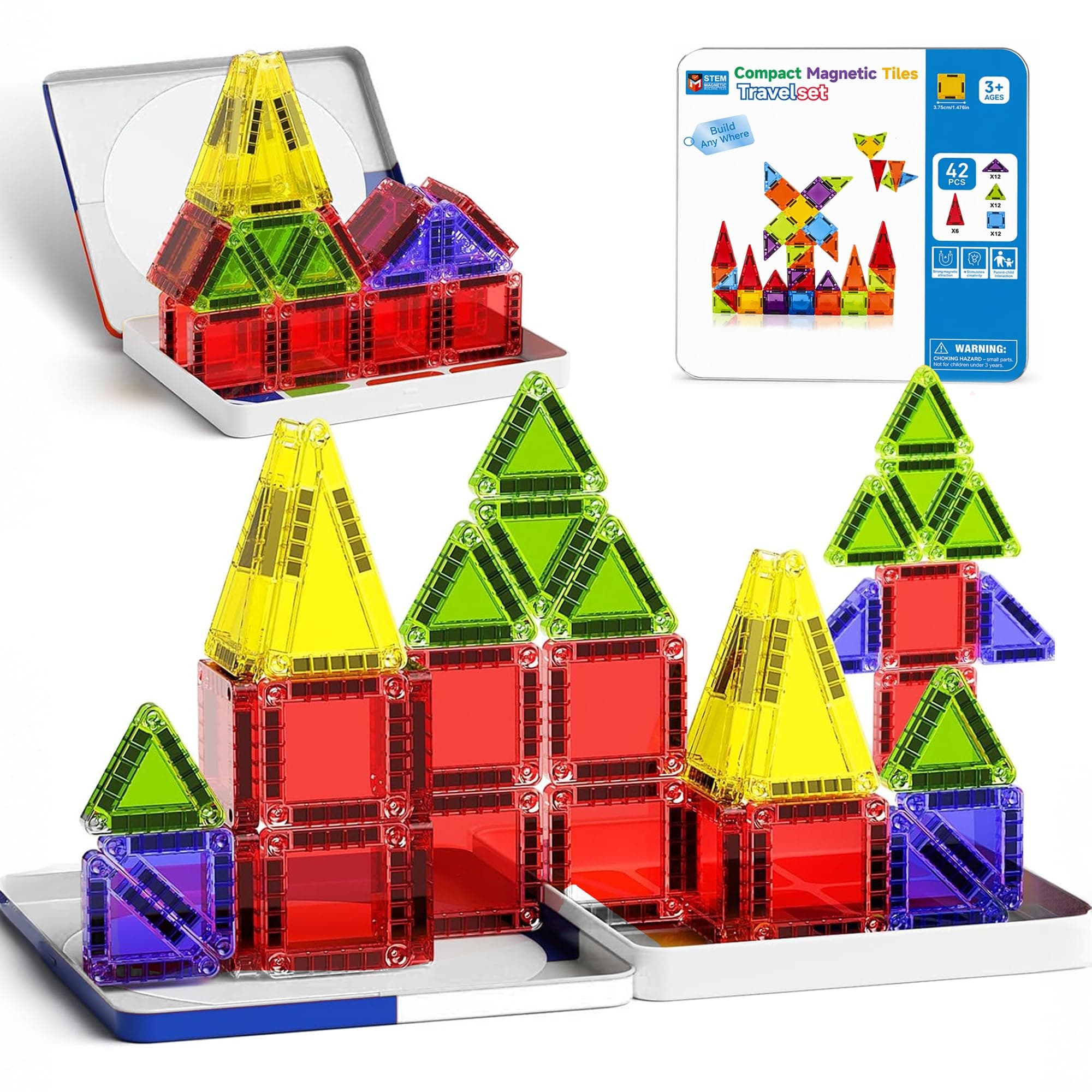 Kidology Magnetic Tiles for Kids 42 PCS - STEM Building Blocks Construction Toy | Colorful Magnetic Building Blocks Travel Set for Boys Girls | Educational Creative Learning Gift