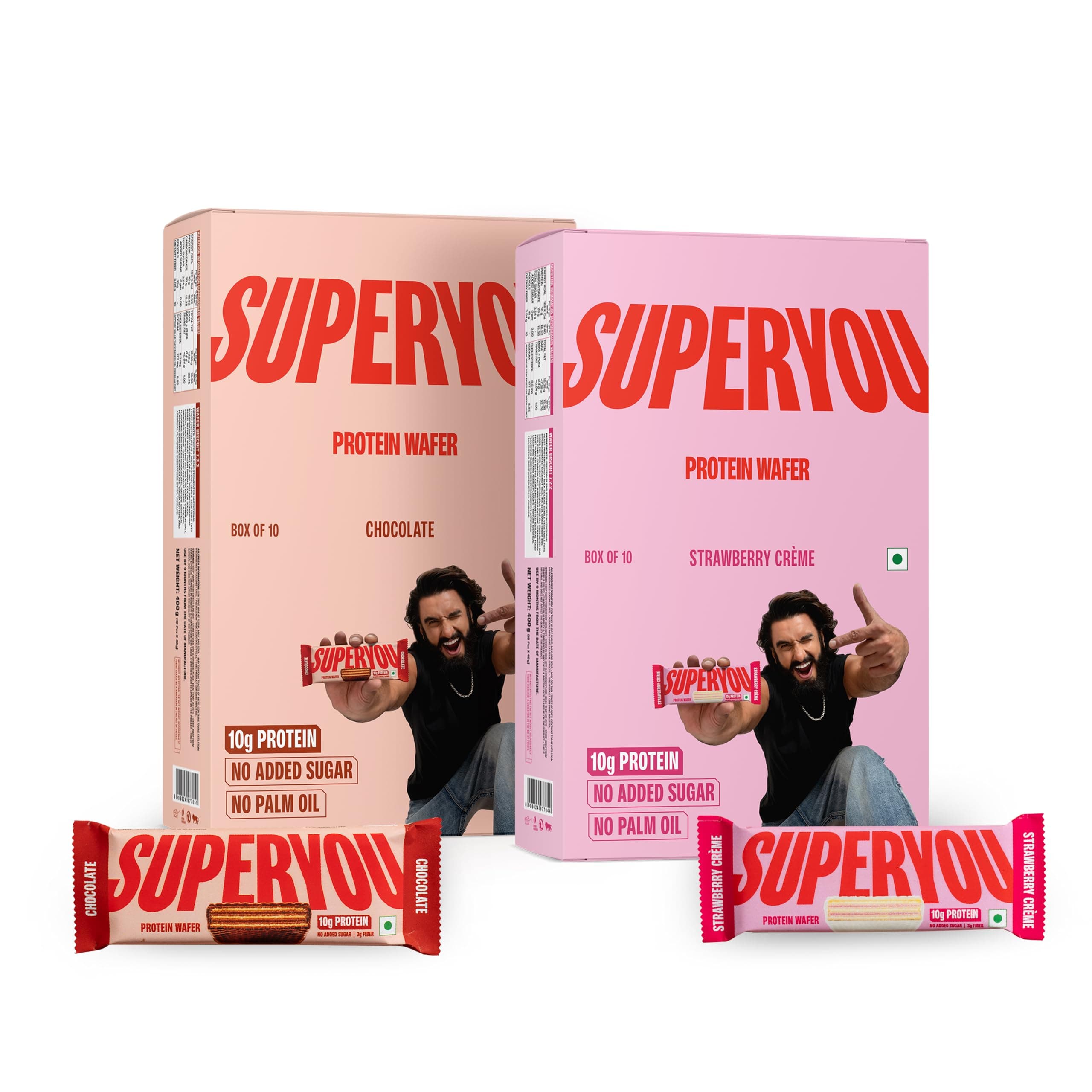 SuperYou Chocolate Protein Wafer Bars (Pack of 10) & Strawberry (Pack of 10)|10g Protein, 3g Fiber, No Added Sugar|Yeast Fermented Protein|Energy Bars|Crunchy Wafer Bar|100% Vegetarian|No Palm Oil|800g