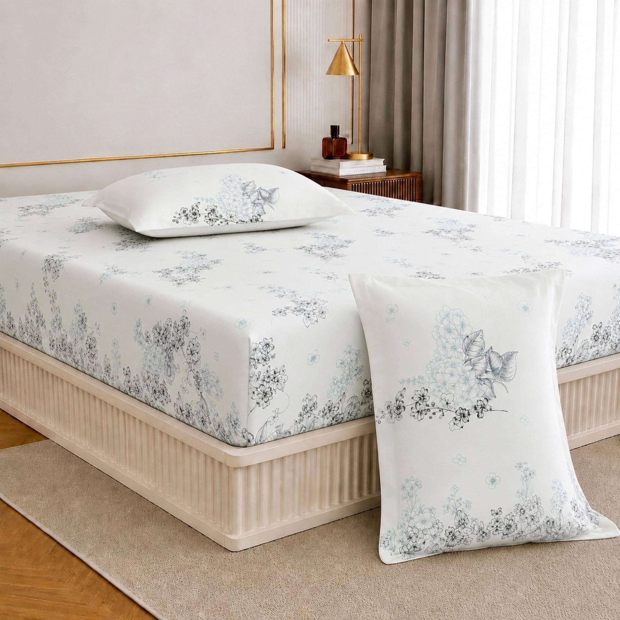 Jaipur Weaves King Size Elastic Fitted Bedsheet, 100% Pure Cotton King Size Fitted Bedsheet for Double Bed with 2 Pillow Covers, 240 TC, 72×78 Inches up to 8-inch Mattress, Floral(Blossom Garden Blue)