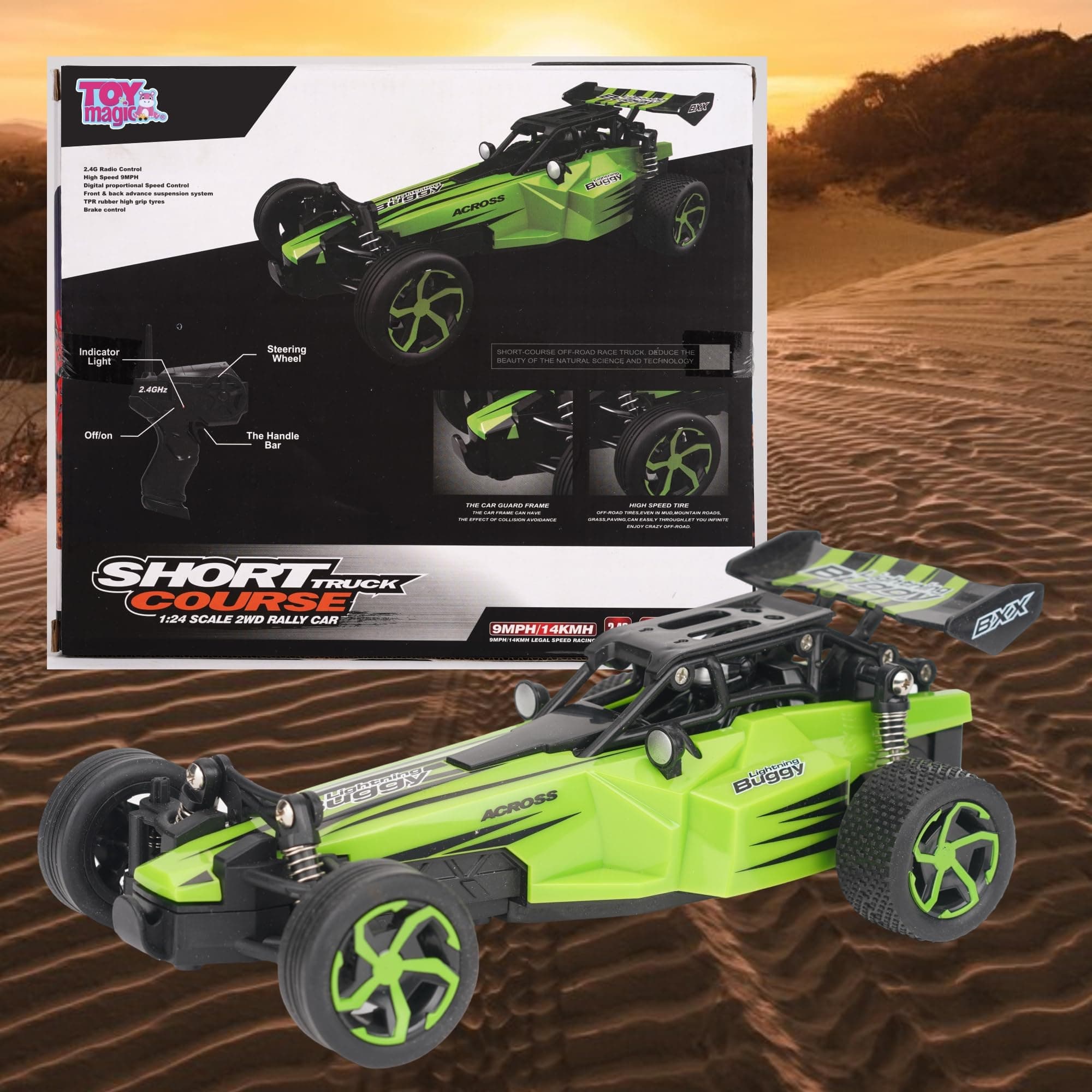 ToyMagic High-Speed 15 Km/Hr RC Car 1:24 Scale Rechargeable - Remote Control Car with Dual Motors, All-Terrain Tires, 2.4 Ghz, USB Charging, for Kids and Beginners, Multicolor