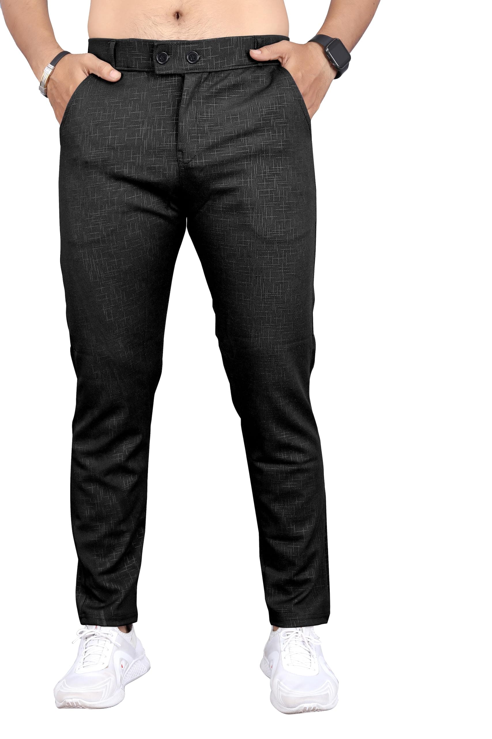 Mehrang Men's Slim Fit Casual Trousers, Black, Cotton Blend, Side Pockets