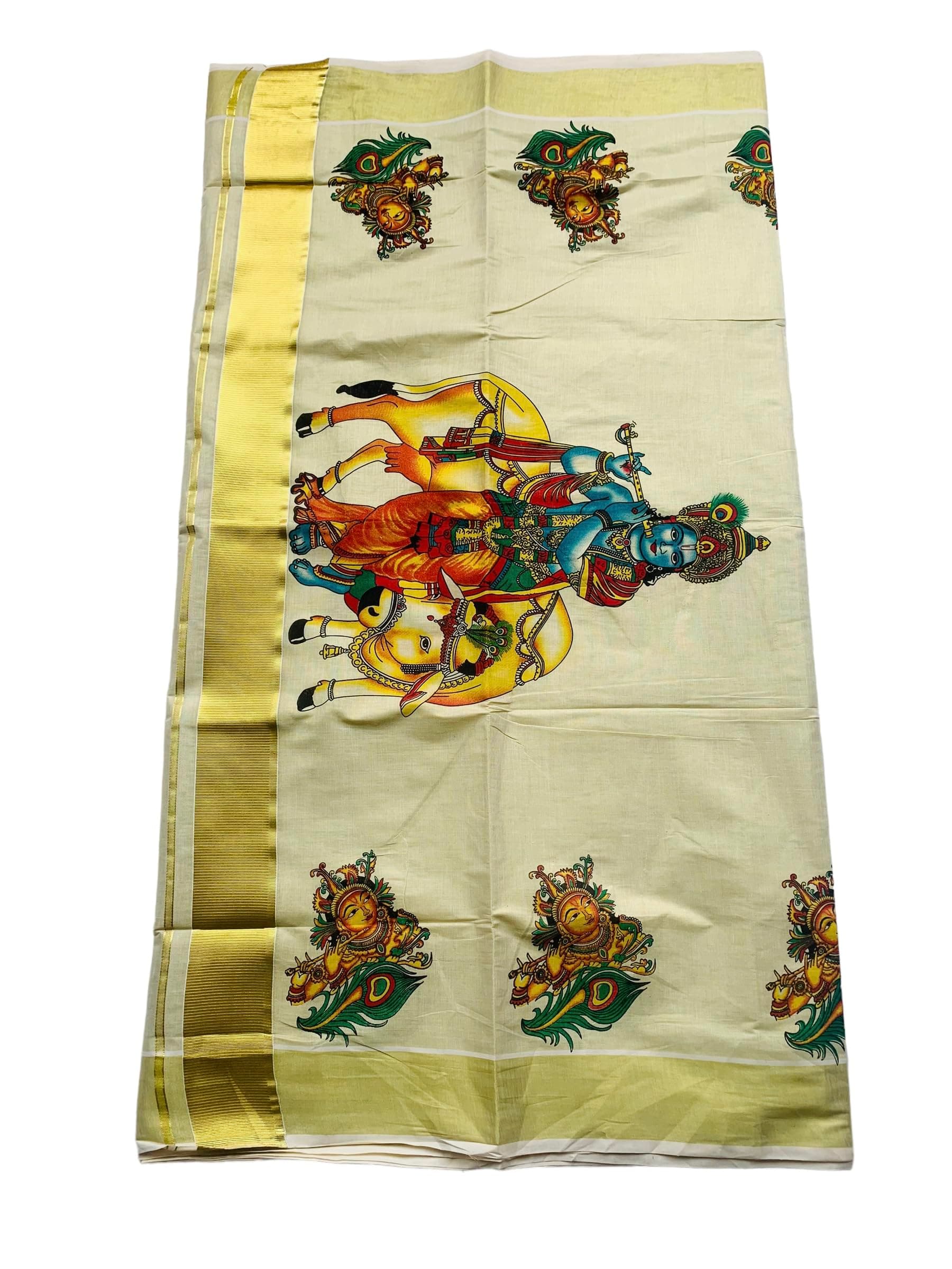 ALLUVY Women's Kuthampully Kerala Kasavu Saree Tissue Mural Hand Printed - Multi Colour EKM-809