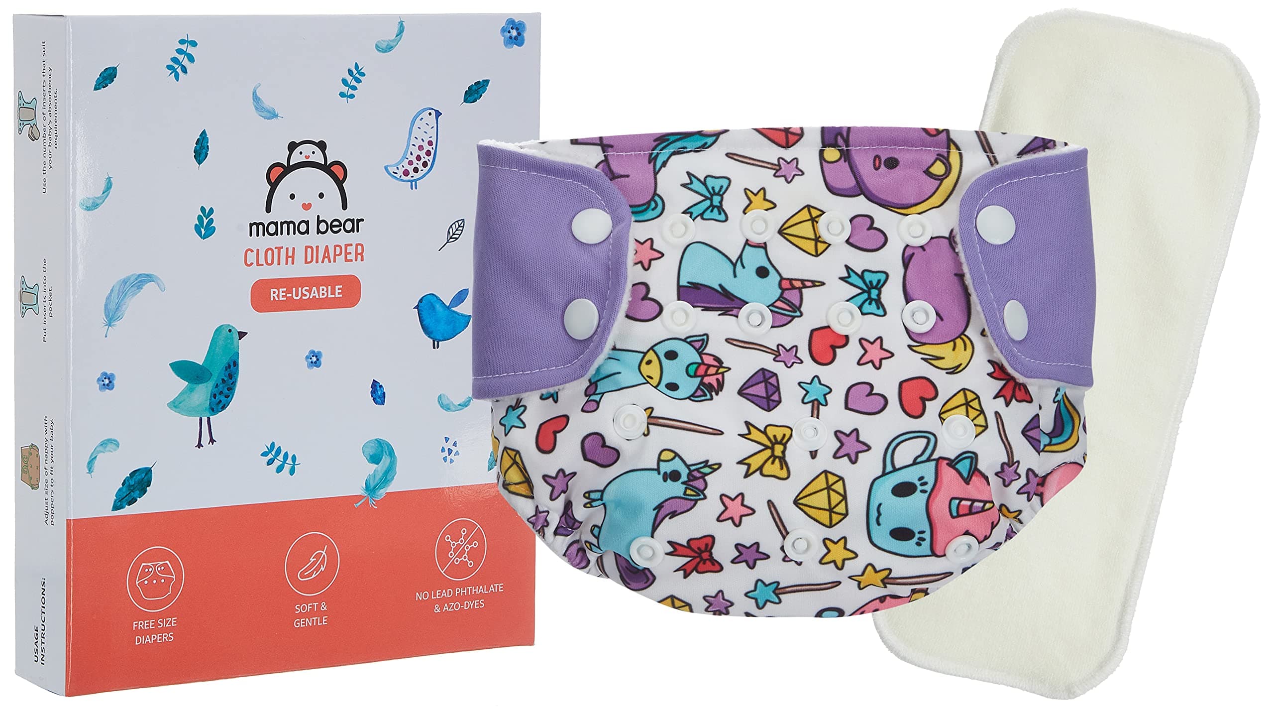 Mama Bear Reusable Cloth Diaper with 1 Free Insert, Freesize, for Baby 0-3 yrs (Purple)