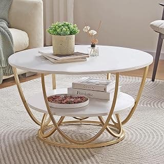ETIQUETTE ART Modern Faux Marble Top Round 2 Tier Metal Coffee Tables Living Room Table Sets, Sofa Center Table End Tables with Metal Frame Home Decor for Living Room (Gold & White)