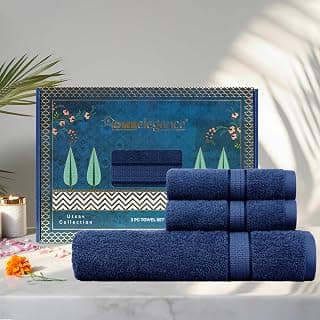 HOME ELEGANCE Utsav Towel for Bath Large Size, 3 Pc Towel Set, 1 Bath Towel, 2 Hand Towels - Navy Blue