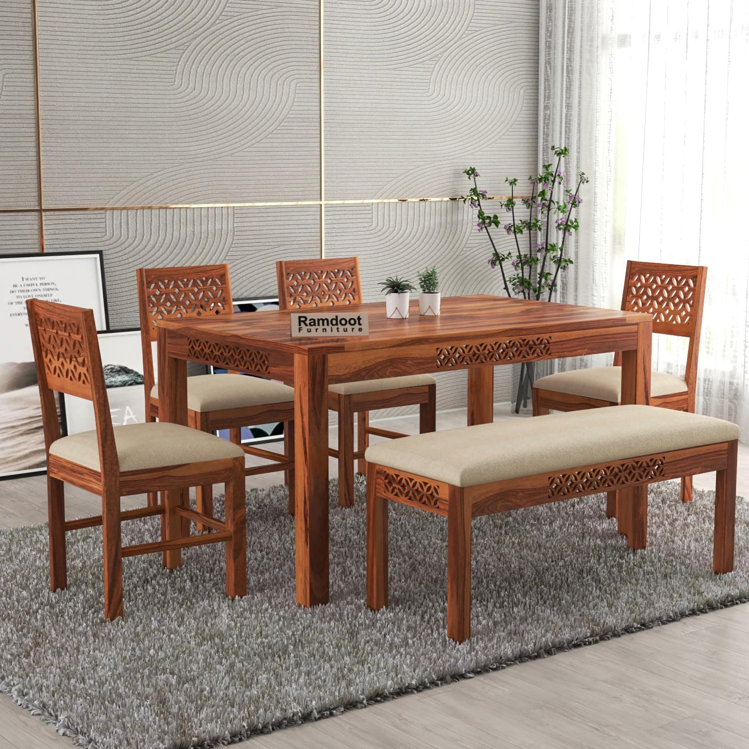 Ramdoot Furniture Solid Sheesham Wood Dining Table Set 6 Seater | Wooden 6 Seater Dining Table Dining Area Living Room | 4 Chair & 1 Bench | Hotel/Restaurant Dining for Six People | CNC | Honey Finish