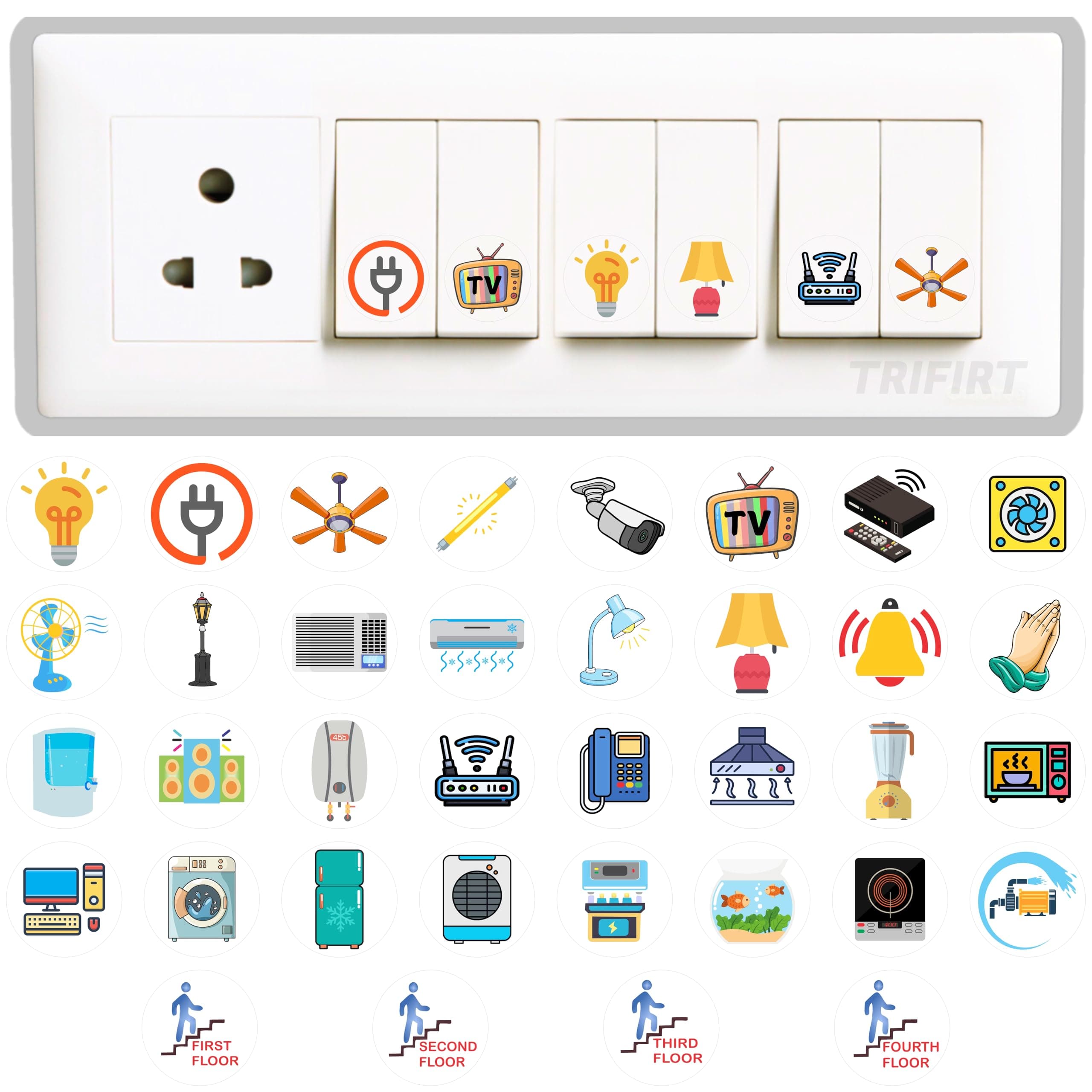 Trifirt Transparent Switch Stickers for White Switchboard for Home Office Electric Board Appliances for Home Fan Tubelight Lamp Stickers 36 Design 450 Pcs (Colourful)