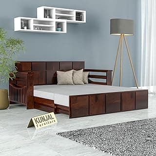 Kunjal Furniture Solid Sheesham Wood Sofa Cum Bed with Storage for Living Room | Natural Finish | 3-Seater Convertible Sofa Bed | Handmade Wooden Furniture (Walnut, Contemporary)