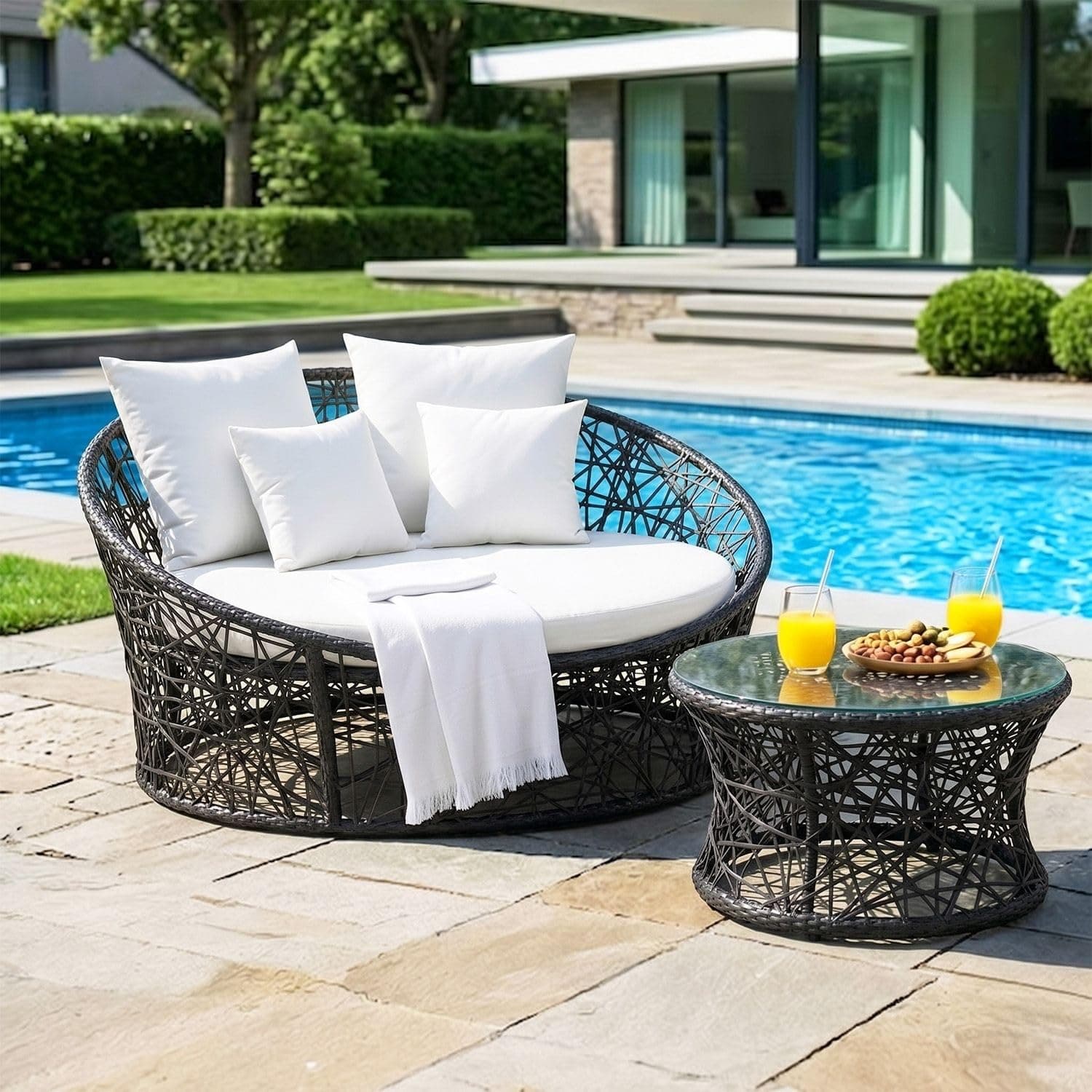 DEVOKO Black & White Outdoor Wicker & Rattan Daybed For Poolside, Garden, Balcony, Patio, Beach, Terrace, Porch, Backyard - Unique Round Sofa Furniture, 139 Centimeters, 122 CM, 76 CM