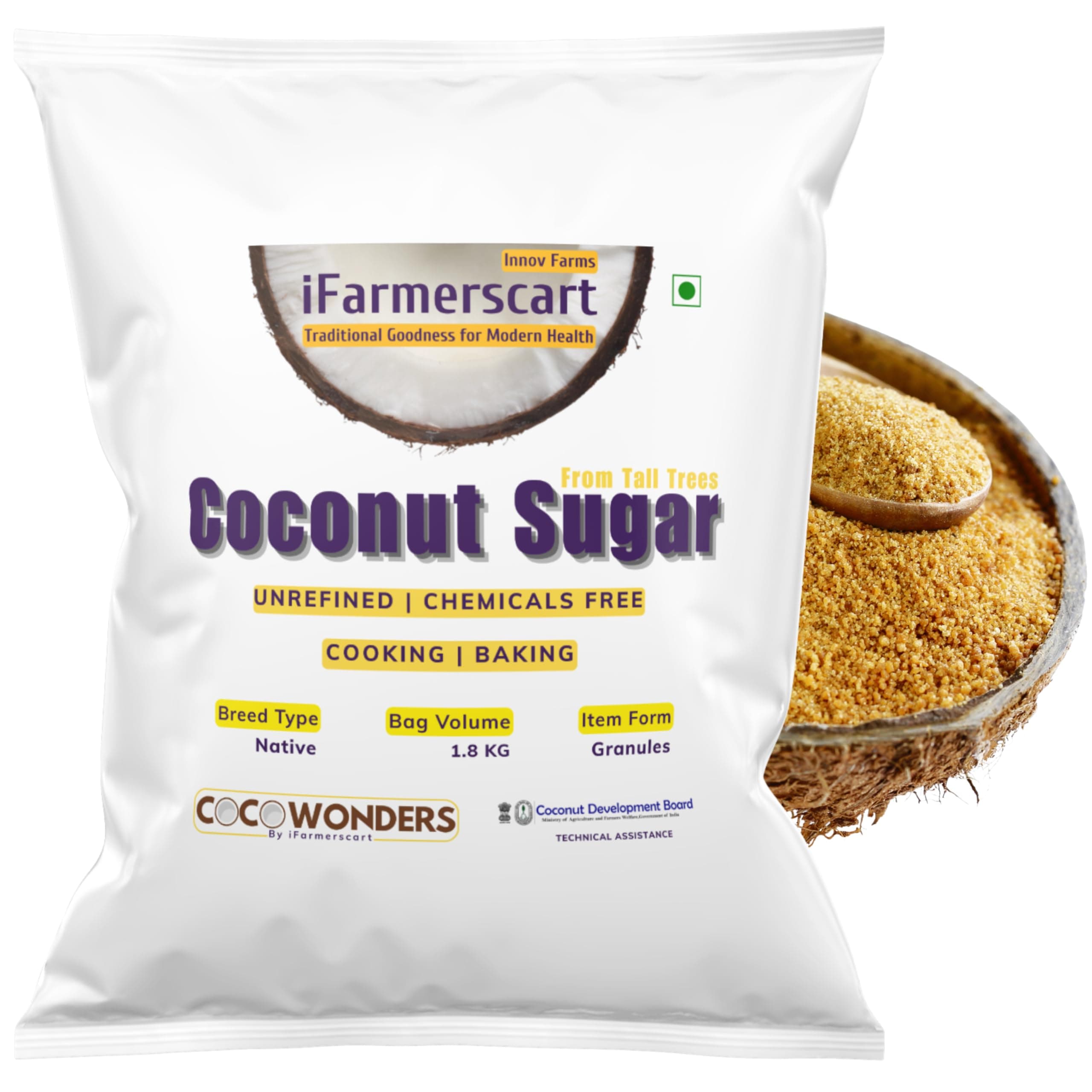 iFarmerscart Coconut Palm Sugar -1.8 Kg | Sugar Alternative, Low Glycemic Index, Diabetic Safe | Unrefined Natural Sweetener | Crafted from the Cold Chain Fresh Sap of Tall Trees - Banks of River Kaveri