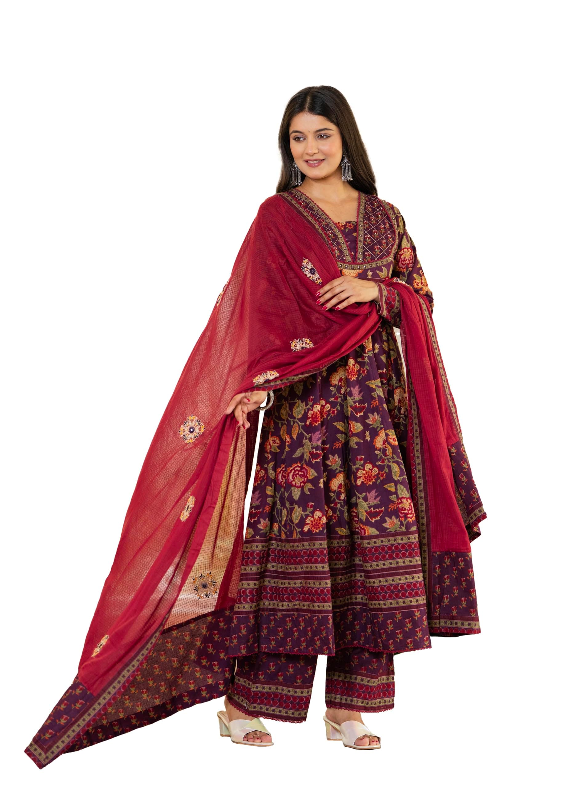 Pistaa's Women's Pure Cotton Anarkali Floral Printed Kurta with Palazzo & Dupatta Set