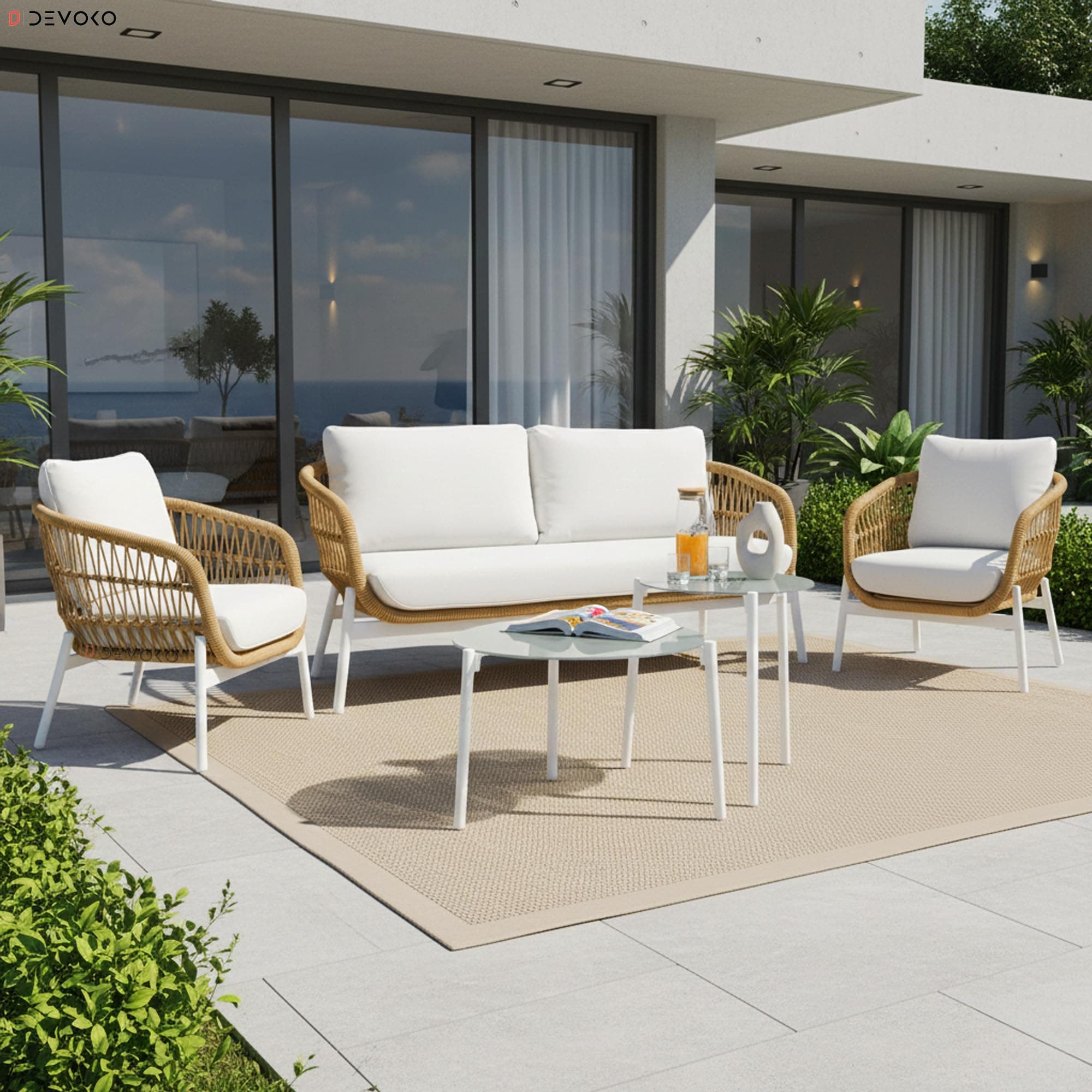 DEVOKO Nova Outdoor 4 Seater Rope Sofa Conversation Set with Comfortable All Weather Water-Resistant Cushions and Glass Top Round Center Table for Garden, Patio, Poolside Area (Beige & White)