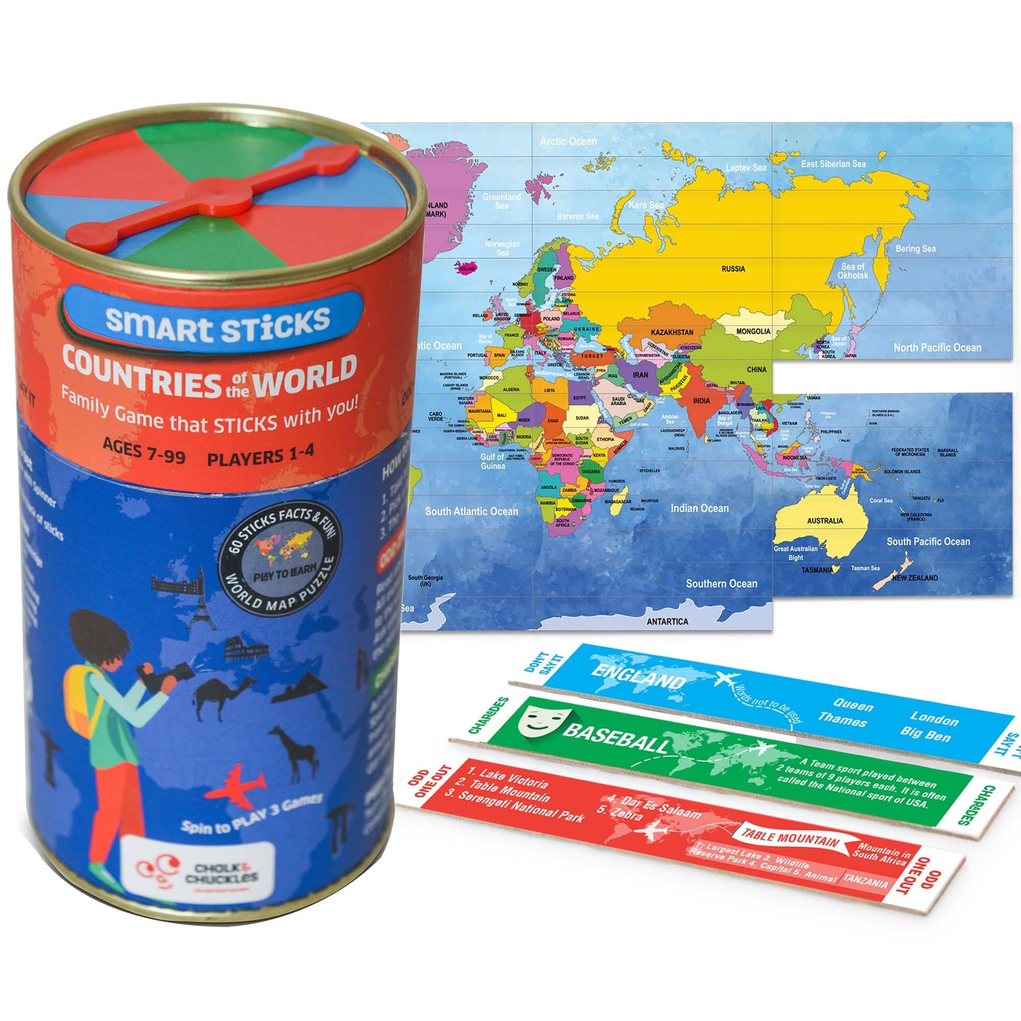 Chalk & Chuckles Smart Sticks Countries of the World Game for Kids Age 7-12 | Geography Trivia, World Map Puzzle, Educational Family Card Game, Travel, Birthday Return Gift, Boys & Girls 8, 9, 10, 11 Yrs