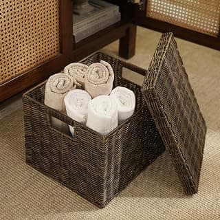 PURE HOME + LIVING Brown Resin Wicker Multipurpose Storage Box with Lid, Wicker Basket For Modular Kitchen, Wicker wardrobe basket for storage, cloths, newspapers, toys 35.5cm x 30.4cm x 25.4cm