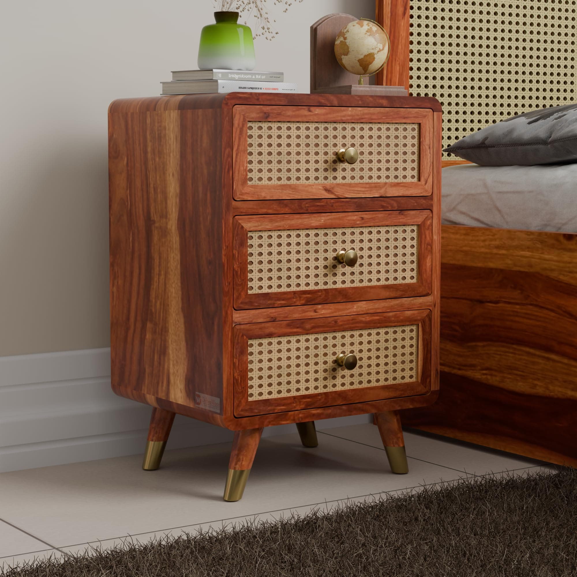 DRIFTINGWOOD Amber Nightstand Bedside Table with 3 Drawers - Solid Sheesham Wood & Rattan Cane Front - Mid Century Modern Wooden End Table for Bedroom - Honey Finish