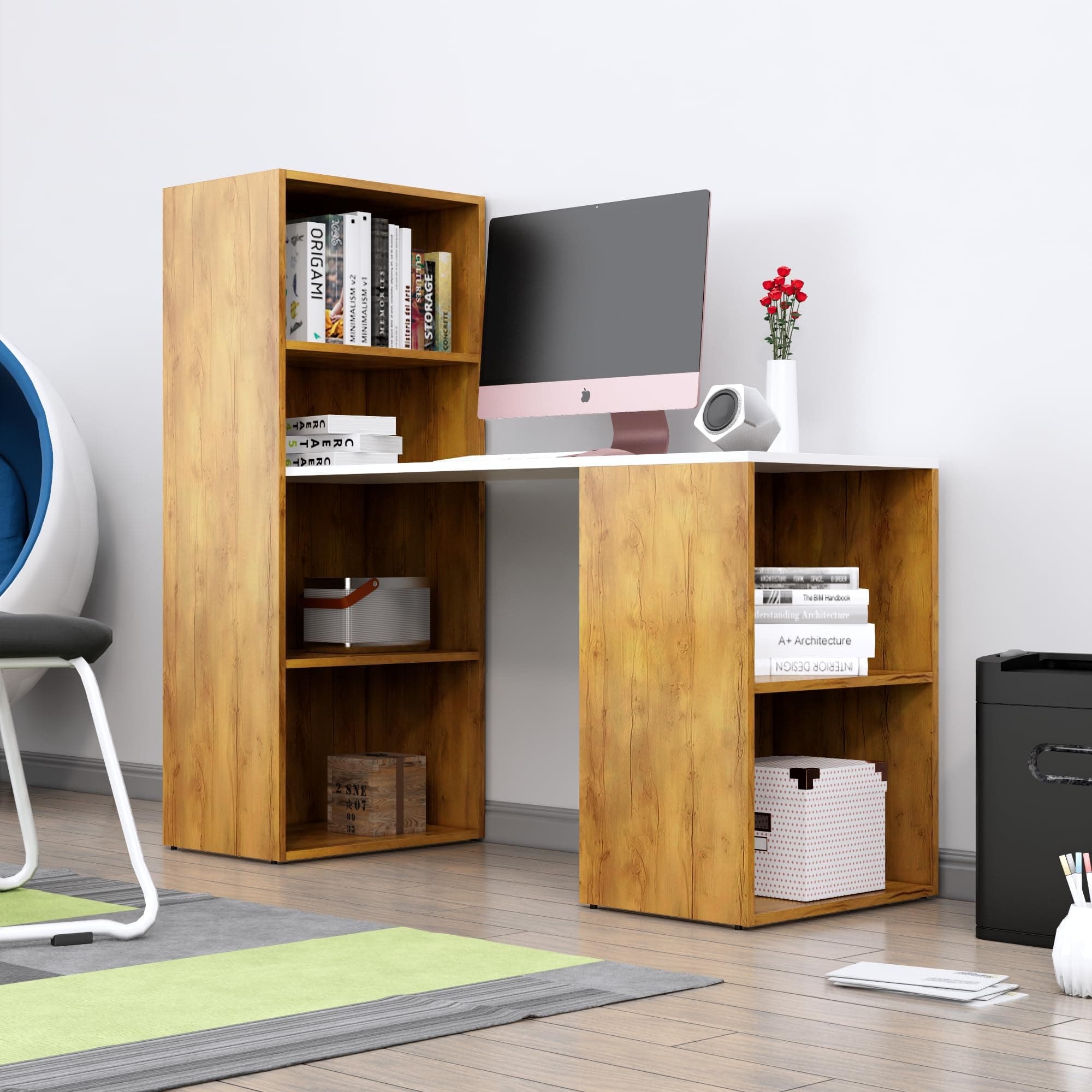 Bniture Wooden Study Table for Home with Bottom Storage | Engineered Wood Study Table with Book Shelf | Multi Purpose Computer Desk for Writing, Laptop Table for Office, Giant Wood & Frosty White