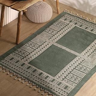 Peepul Tree Jaipuri Handprinted Cotton Rug, 4X6 ft | Modern Durries for Living Room | Cotton Carpets for Living Room, Bedroom | Floor Rugs for Bedroom| (Sea Green), Home Decor Gift Items