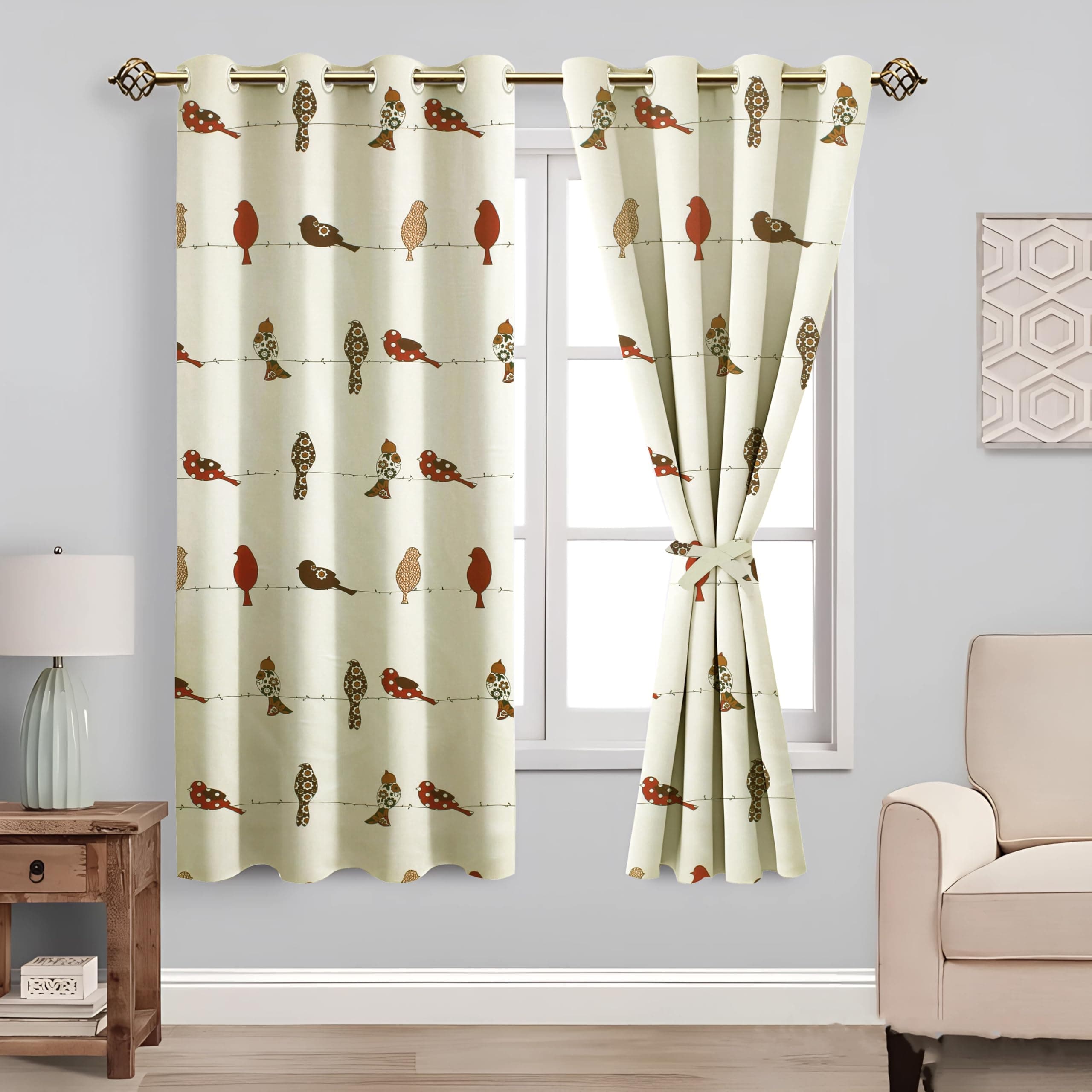 Amazon Basics - Animal Print Light Filtering Curtains | 100% Cotton 150 TC | Set of 2 | 5 Feet | 115 x 150 cm | Cream | Eyelets & Tiebacks | Ideal for Bedroom and Living Room