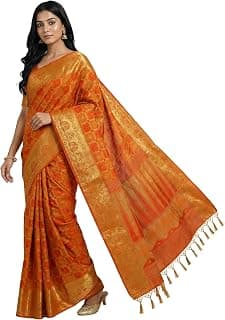 MIMOSA Women’s Mustard Raw Silk Saree Woven with Zari Tissue | Patola Style Saree | Rich Pallu & Tassels | 6.2 Mtrs