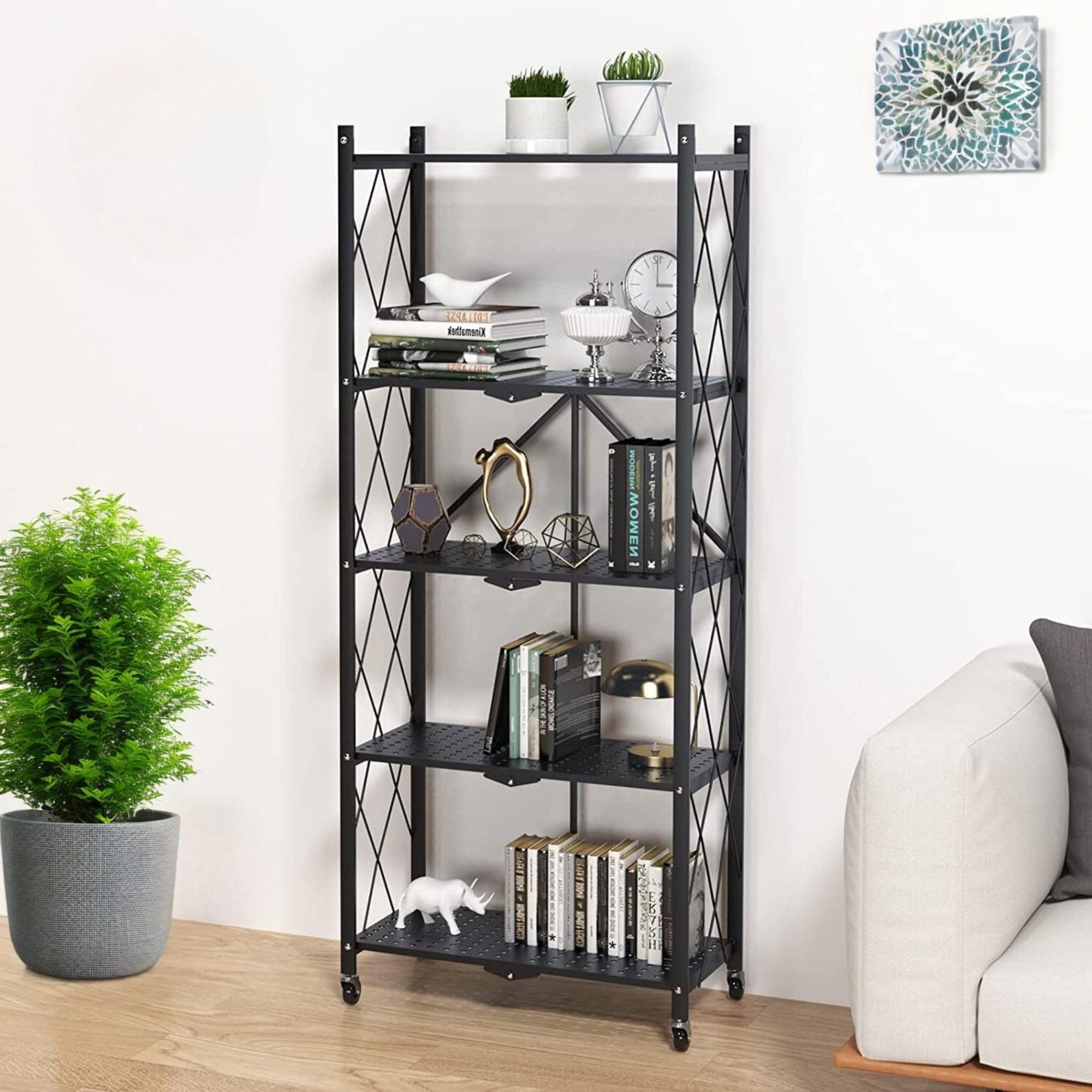 TNT THE NEXT TREND Bigkart Pre-Assembled Foldable Metal Rack for Storage with Wheels | Space-Saving Kitchen Storage Rack, Bookshelf,Brown