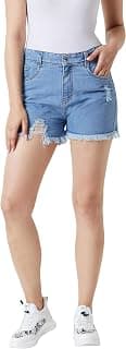 Miss Chase Women's Blue Relaxed Fit Distressed Mid Rise Ripped Fringed Hemline Denim Shorts