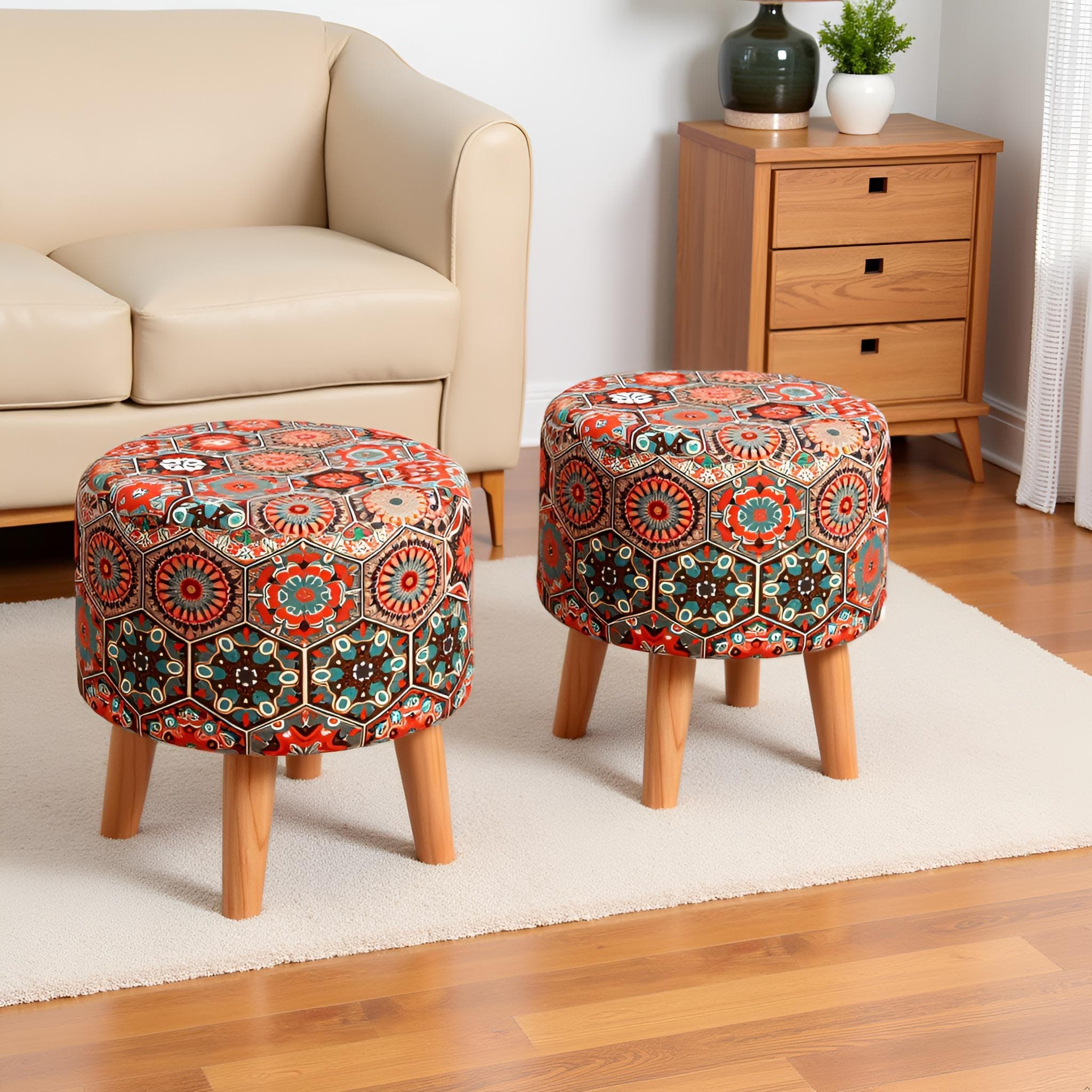 NACIA Printed Ottoman Stools for Home Printed Ottoman Stool Set of 2 Bench for Living Room for Sitting Wooden Round Foot Rest Pouf for Home Decoration Pouffes for Dressing Table 16"x18" Octa