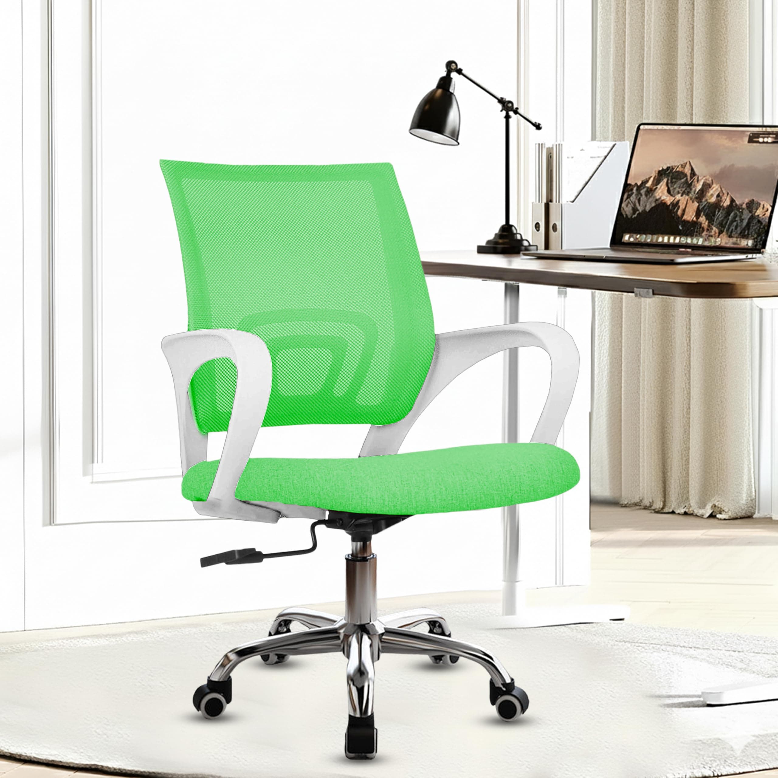 Casa Copenhagen Mesh Mid Back Office/Study/Computer/Revolving/Desk Chair for Work from Home -Metal Base, Height Adjustable Seat- Green & White Handle