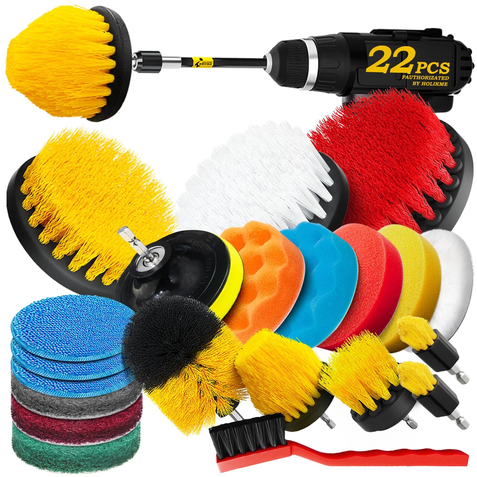 Holikme 14Piece Drill Brush Attachments Set, Scrub Pads & Sponge, Power Scrubber Brush with Extend Long Attachment All purpose Clean for Grout, Tiles, Sinks, Bathtub, Bathroom, Kitchen & Automobile