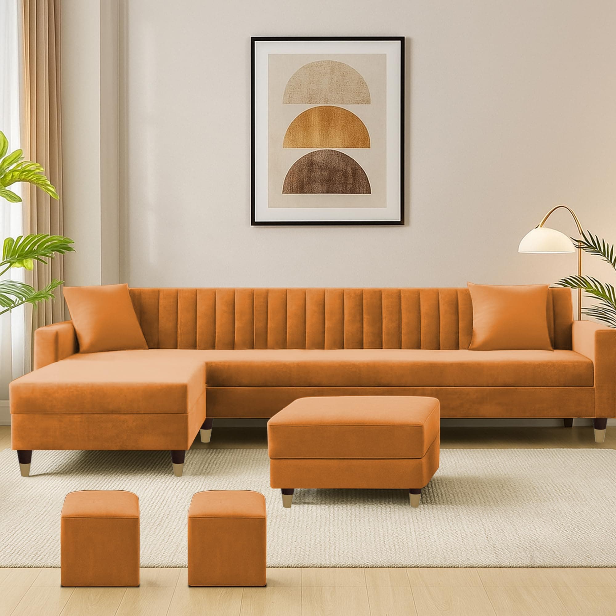 Casaliving Garcia LHS 8 Seater L Shape Sofa Set with Ottoman & 2 Puffy for Living Room (Orange) Premium Fabric Sofa Set