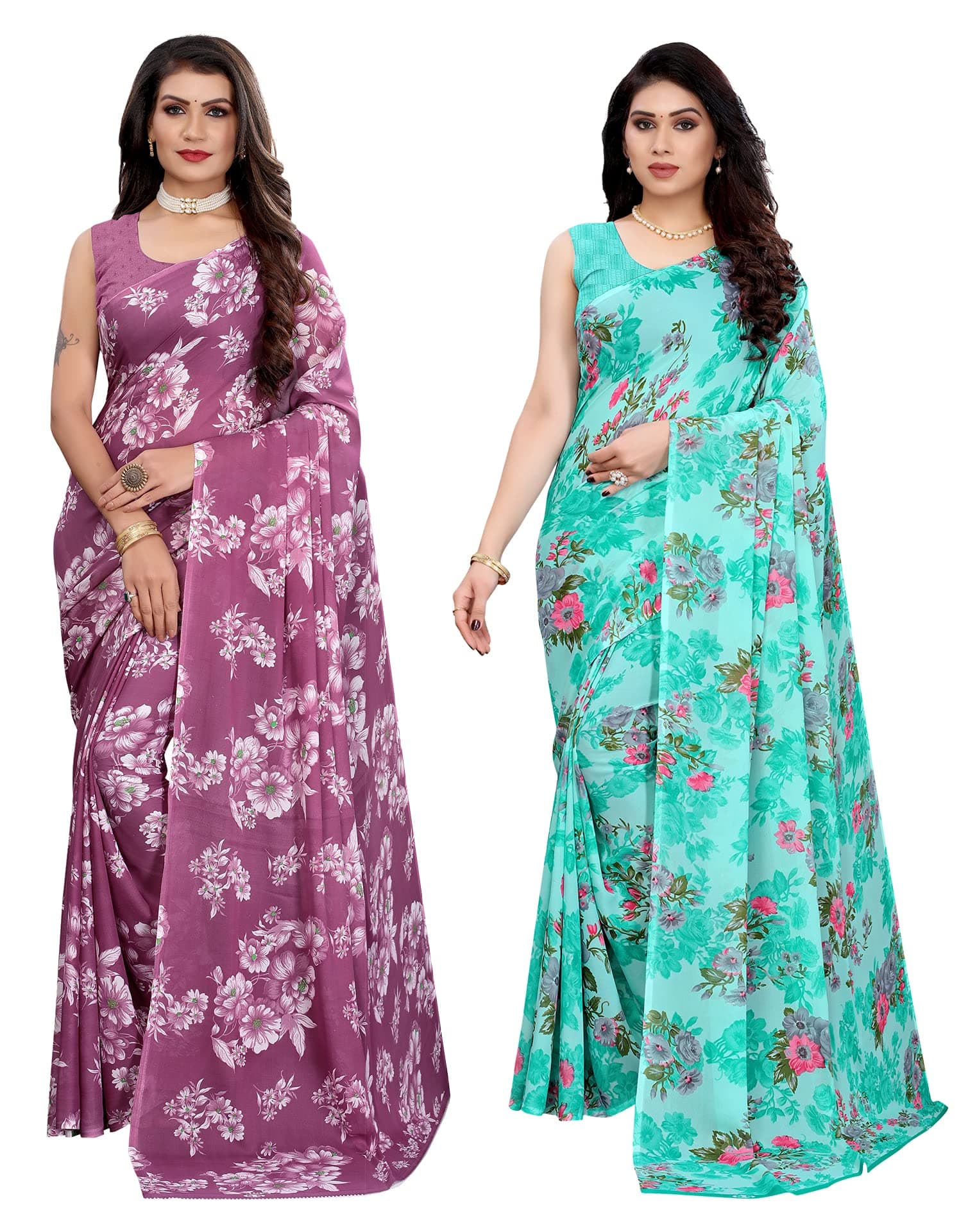 SIRIL Women's Georgette Printed Saree With Unstitched Blouse Piece Combo Pack Of 2