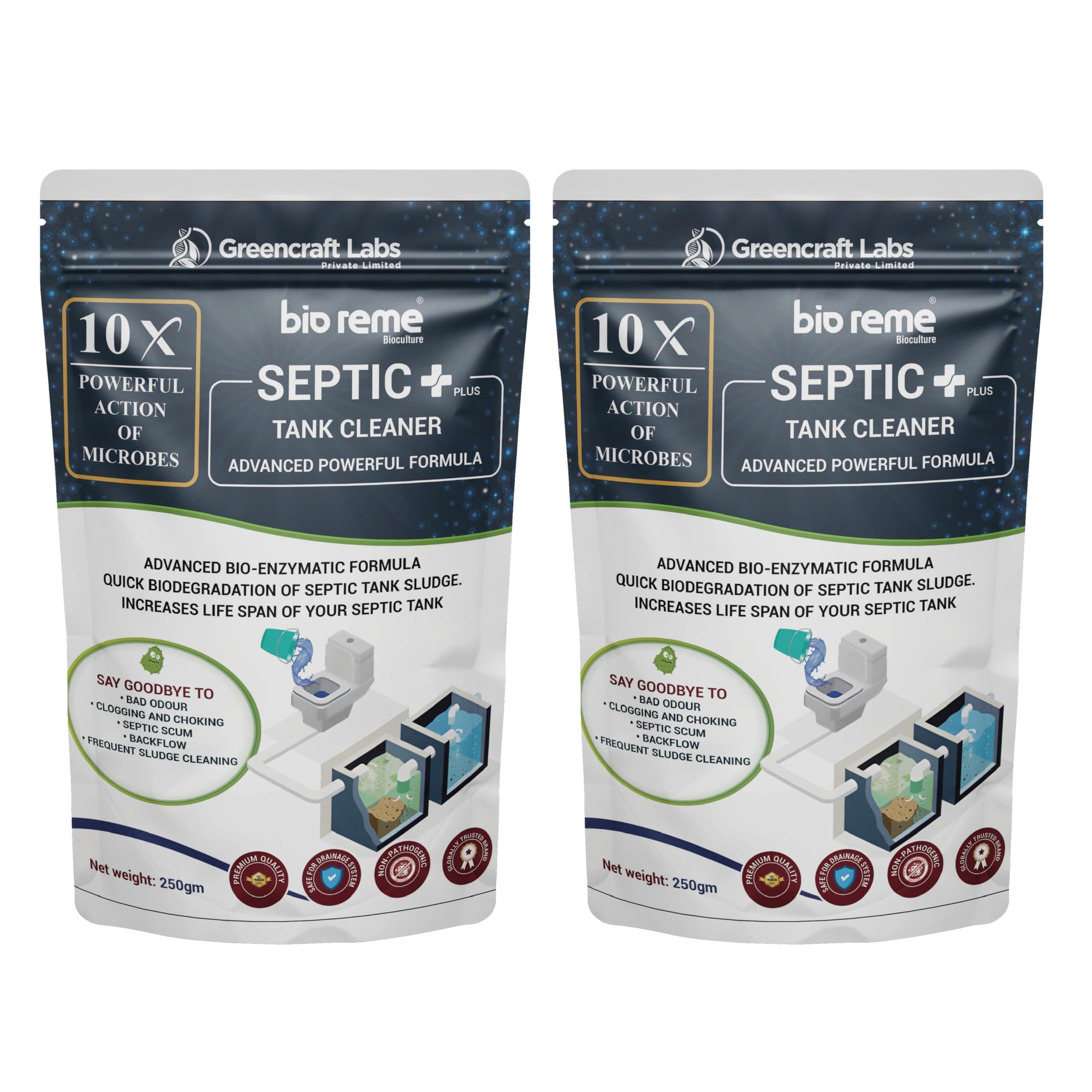 Bio Reme Septic Plus 10X Powerful Tank Cleaner Bacteria Degrades Human Waste & Food Waste Odour Removing Bacteria Powder Available in Pack of 2 (500 gm)