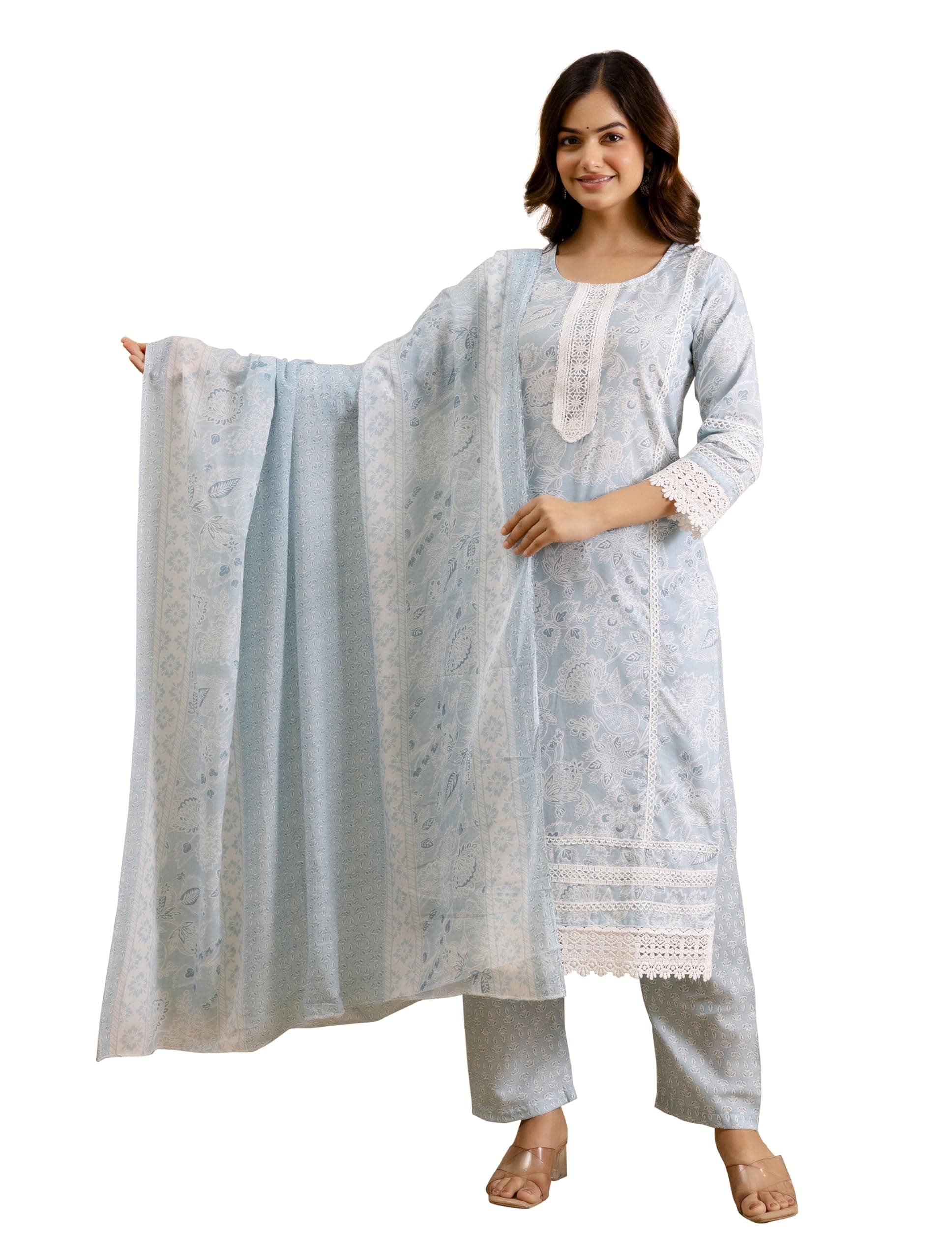 TRENDMALLS Women’s Pure Cotton Paisley & Floral All-Over Print Kurta Pant with Dupatta Set
