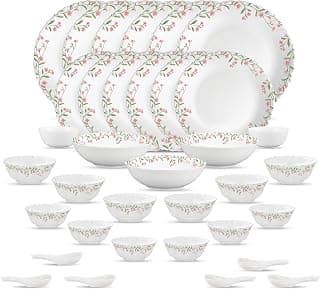 La Opala Opal Glass Crockery | for Family of 6 | Dinner Set 35 pcs Spring Meadows | Plates & Bowls for Dining | Microwave Safe | 100% Vegetarian | Extra Strong | Extra Light & White