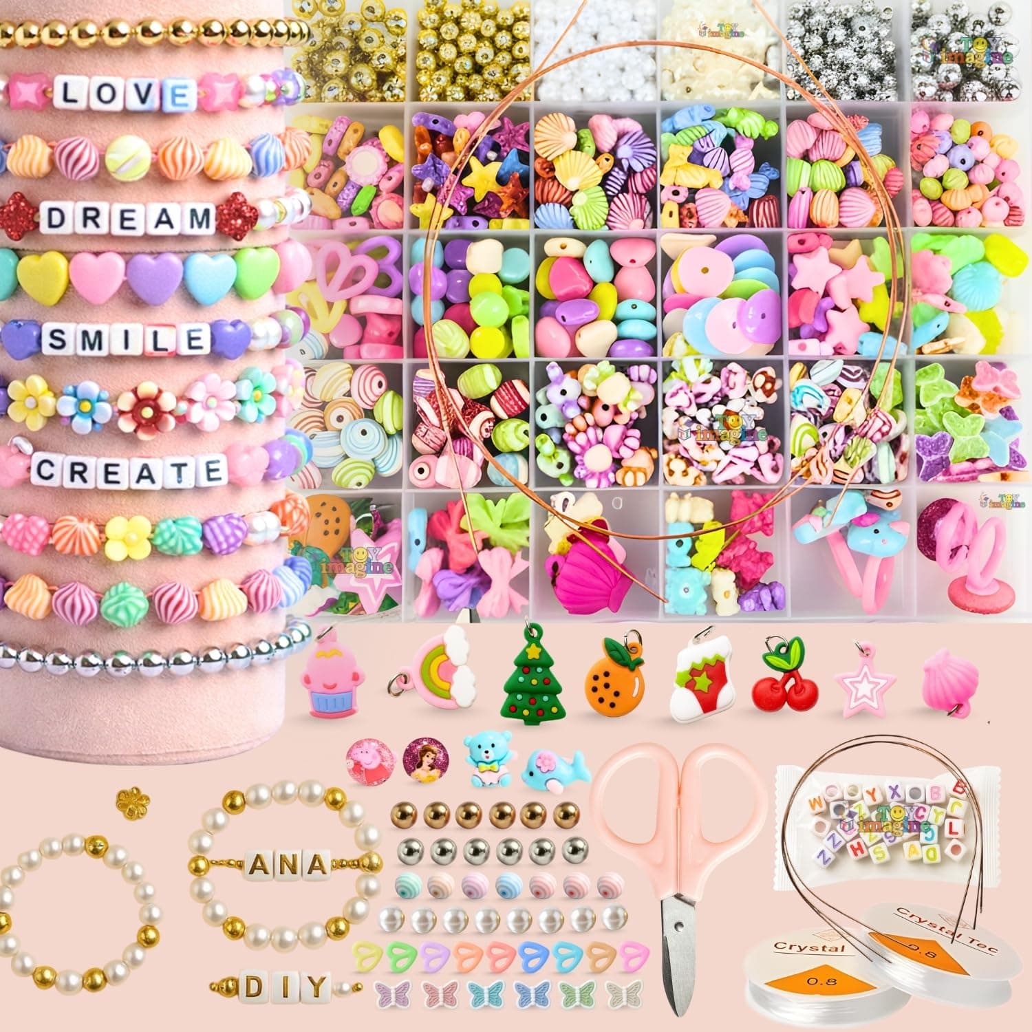 Toy Imagine DIY Bracelet Making Kit for Girls | 31-Compartment Beads Set with Charms, Alphabet Letters, Scissors & Elastic Strings | Jewelry Craft Kit for Kids Ages 6–14