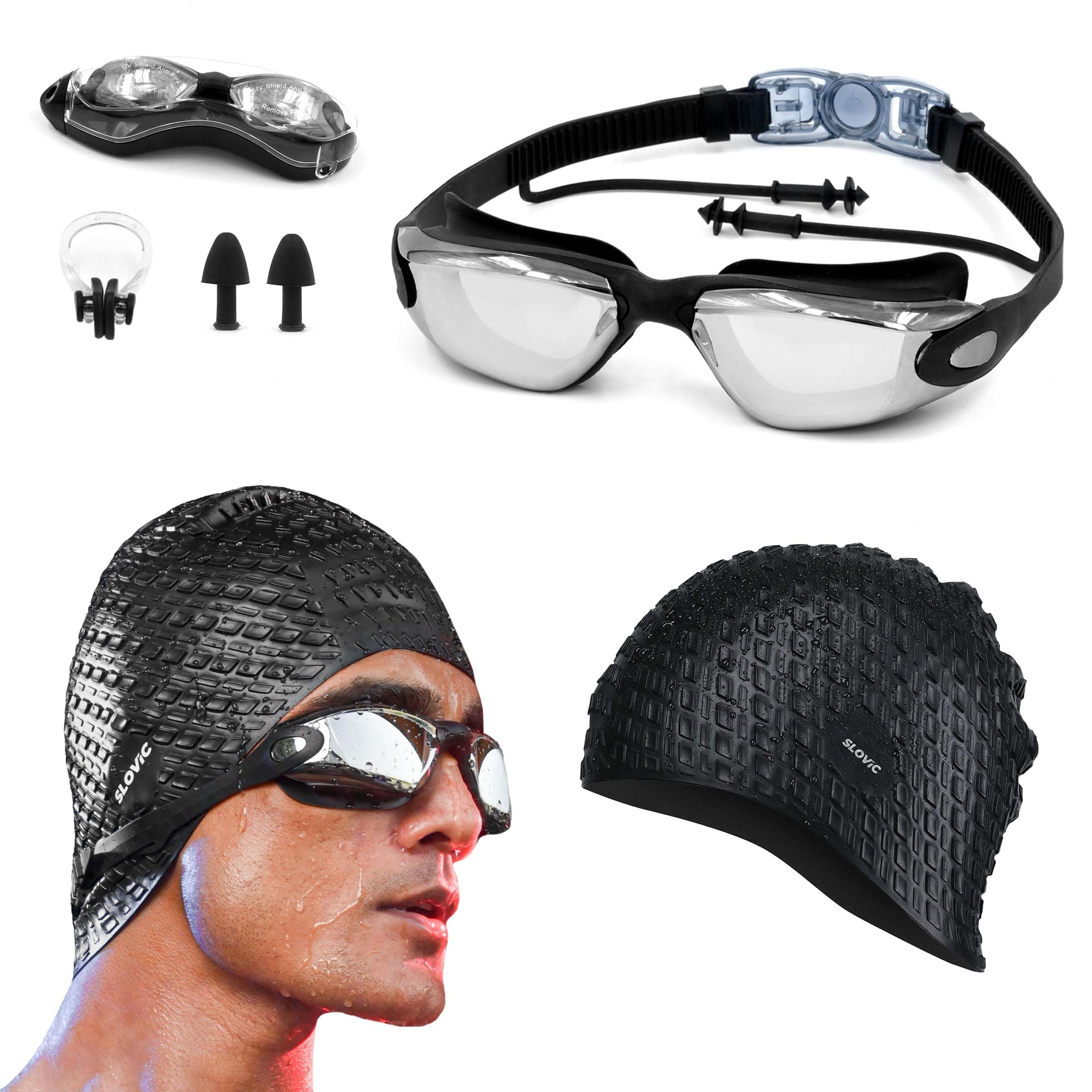 SLOVIC Swimming Goggles & Cap Combo | Anti-Fog Swimming Goggles for Man | Swimming Cap for Men | UV Protected Swimming Goggle for Women with Adjustable Straps | Unisex Swimming Accessories [Black]