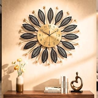 RIOH Decor Luxury 60 CM Metal Wall Clock with Black Leaf Design, Gold Finish Decorative Wall Clock Silent Sweep for Living Room, Hall & Office Decor