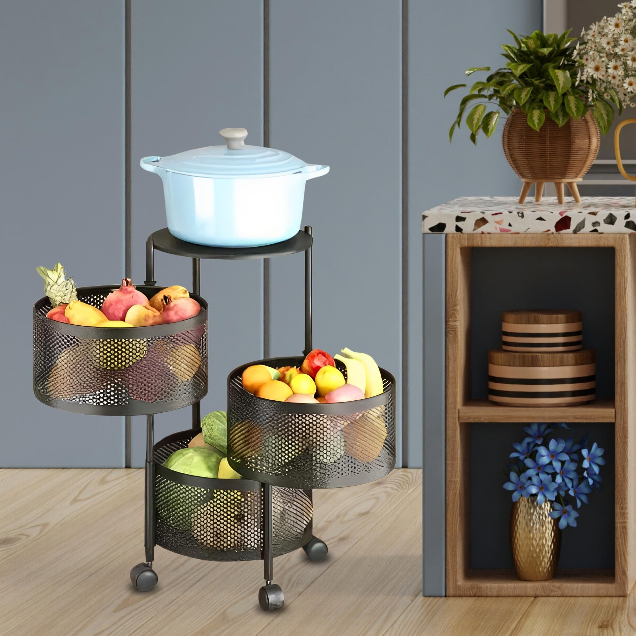 KWER Kitchen Trolley Round Onion Baskets for Storage Kitchen Accessories Items and Vegetable Basket for Kitchen Organizer Items and Storage Portable Kitchen Accessories with Wheels(Black,Layer-3)