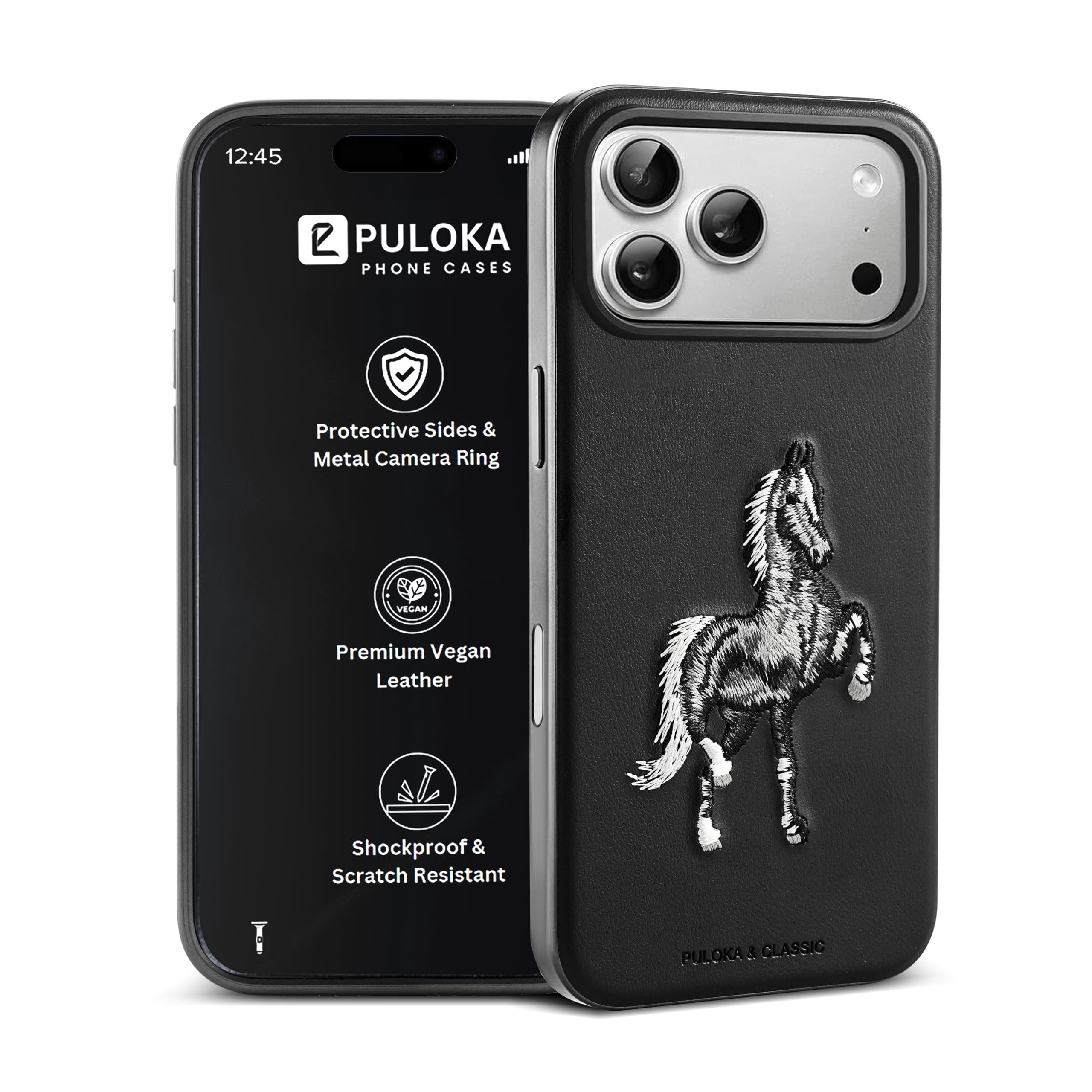 PULOKA Horse Embroidery Mobile Cover Compatible with iPhone 17 PRO Sleek & Stylish - Protective & Anti Scratch Phone Cover Vegan Leather Back Case - Men & Women - Santa Barbara Polo (Black)