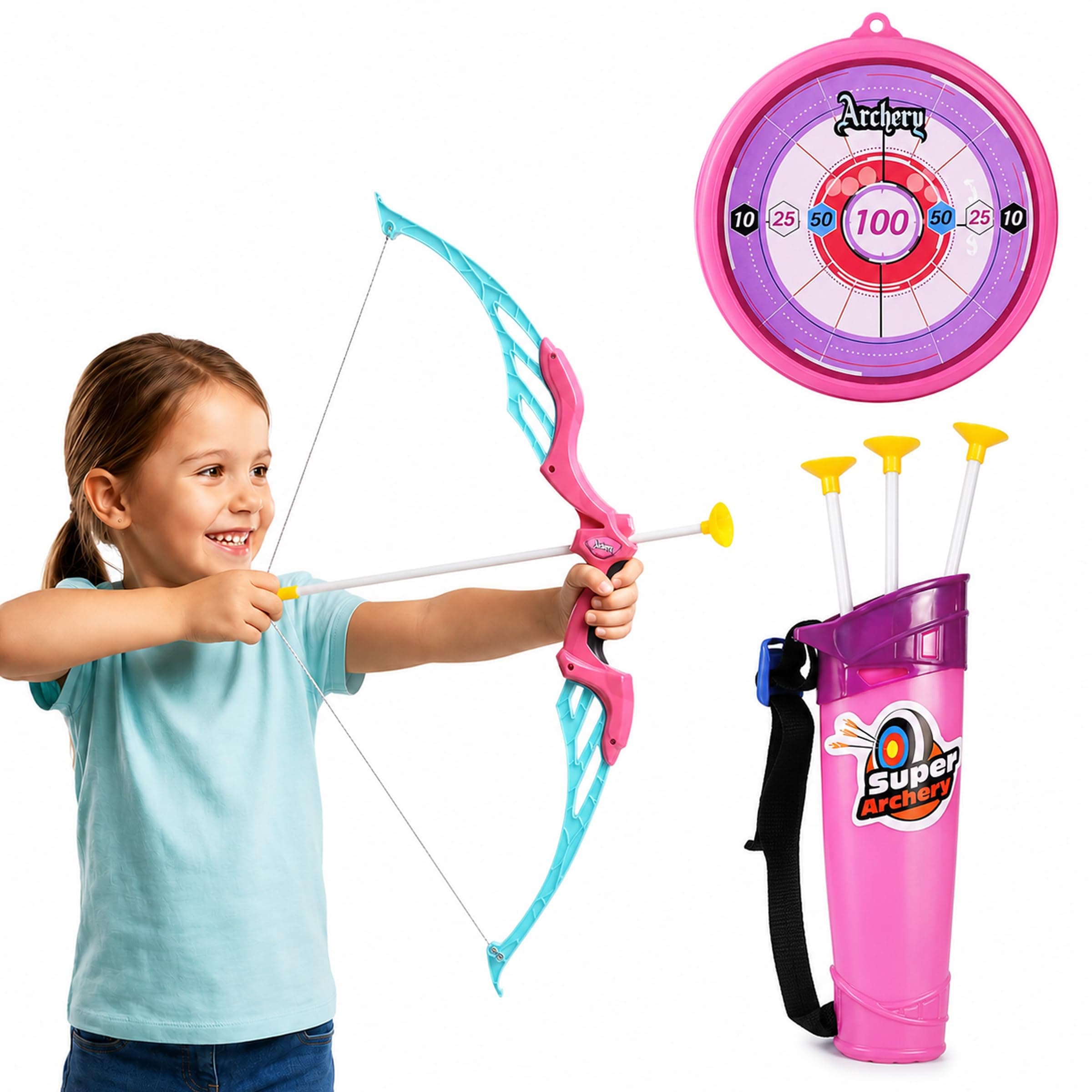 Toyshine Big Size Archery Bow and Arrow Set for Kids with Target |Quiver & 3 Suction Cup Arrows – Outdoor Shooting Game Toy for Boys & Girls | Safe Aim Practice & Skill Development Toy -Pink