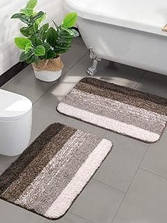 Saral Home Soft Microfiber Anti-Skid Rectangulat Striped Bathmat | Washable, Non-Slip & Quick-Drying Mats for Home/Kitchen | Soft & Super Absorbent Mats for Shower, Set of 2 (Brown, 38X50 CM)