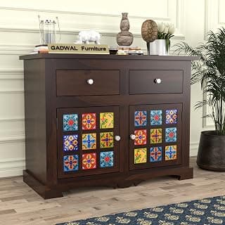 Solid Sheesham Wood Wooden Cabinet Sideboard with 2 Drawers and 2-Door Storage Cabinet for Living Room (Giselle, Walnut Fininsh)