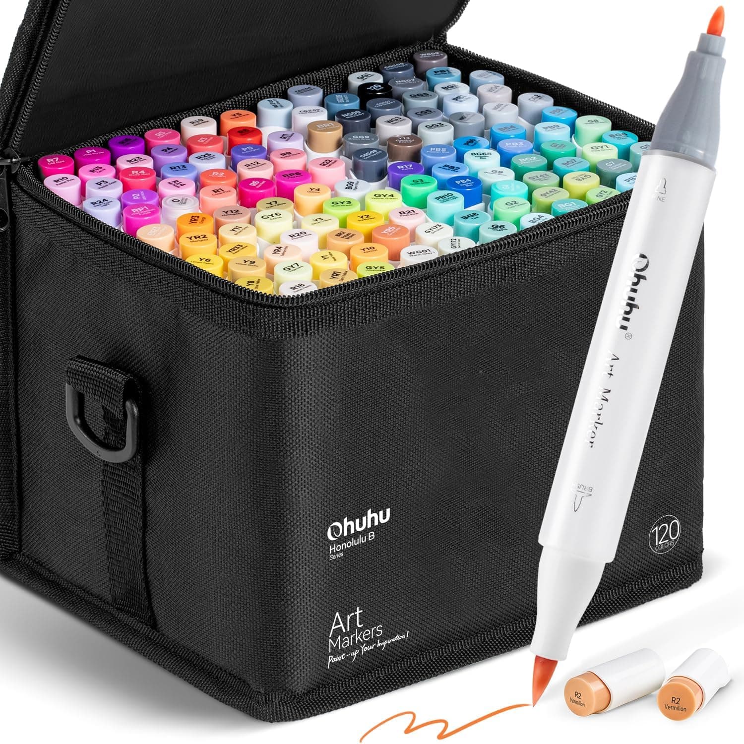 Ohuhu Alcohol Markers Brush Tip -Double Tipped Art Marker Set for Artist Adults Coloring Illustration -120 Colors -Brush &Fine -Honolulu B-Refillable, Multicolour