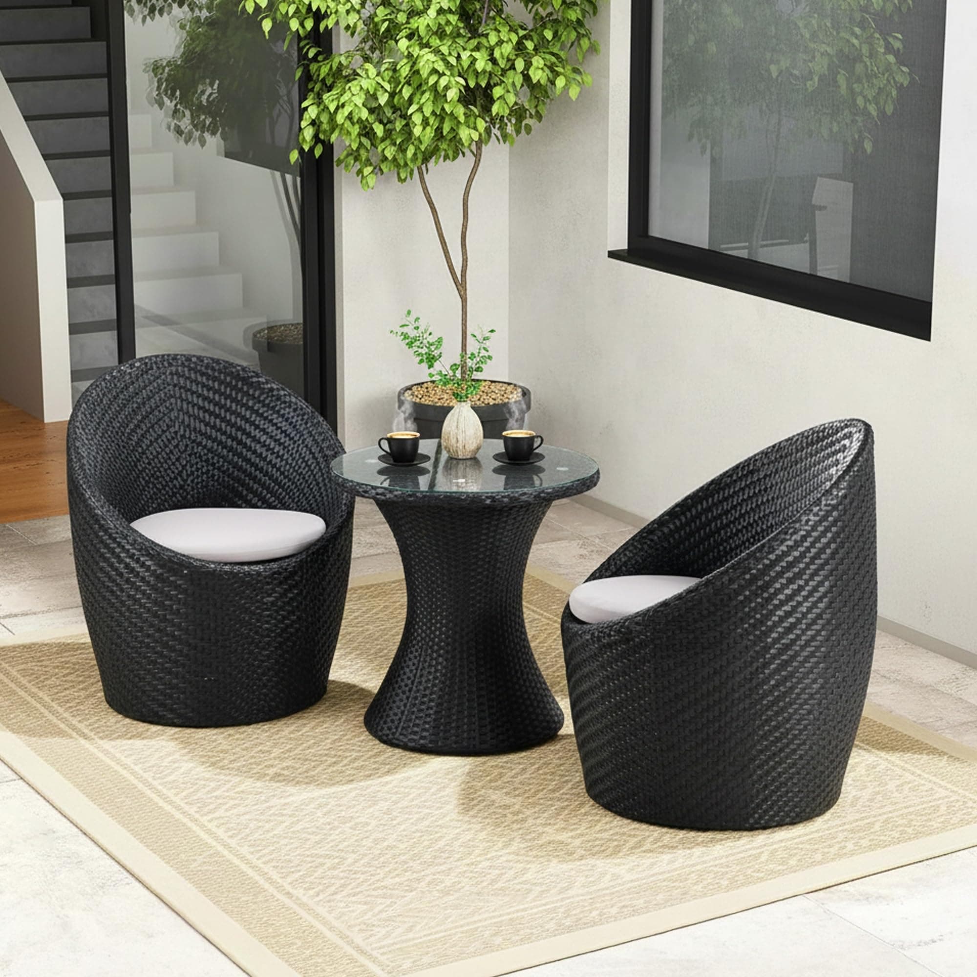 DEVOKO Liora Outdoor 3 Piece Wicker All Weather Patio Furniture Mudda Table Set with Comfortable Seat Cushions for Garden, Balcony, Terrace,Porch,Deck(Black and Offwhite)